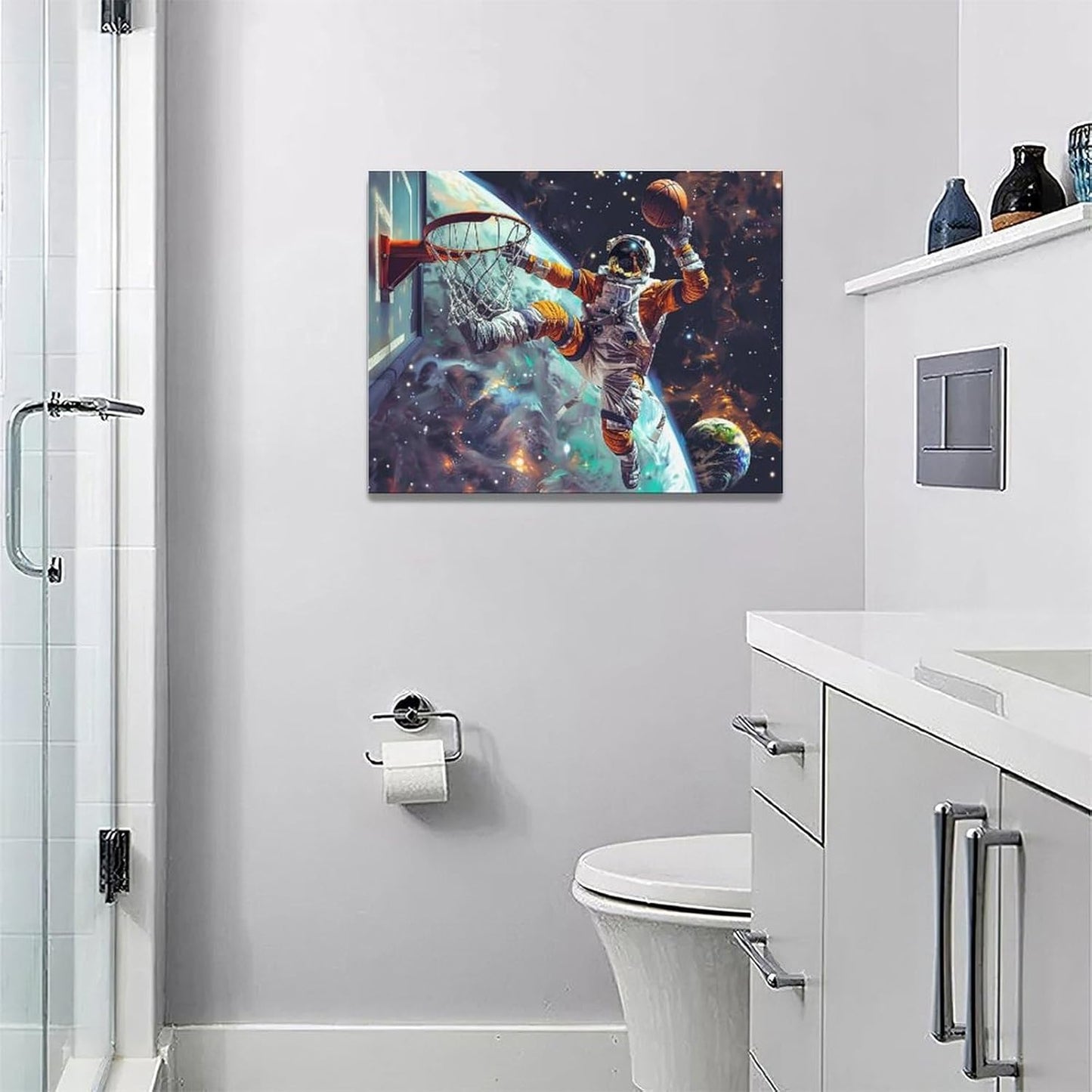 Quorin Astronaut Wall Art Funny Spaceman Basketball Pictures Space Galaxy Planet Wall Decor Canvas Print Painting Artwork for Bathroom Living Room Bedroom 12"x16"