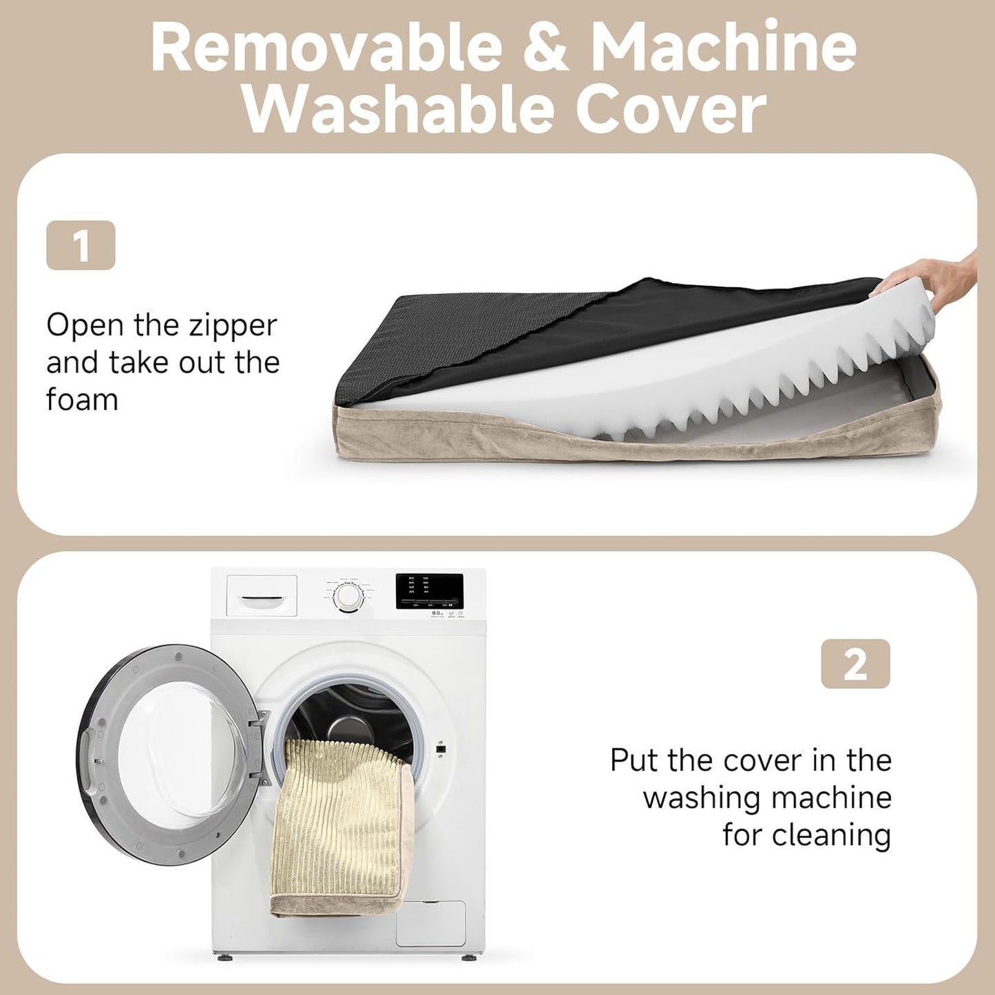 OhGeni Orthopedic Waterproof & Machine Washable Dog Bed for Medium Large Pets, Suitable for Crates, Cat Mat with 25D Egg Crate Foam, Removable Cover & Invisible Zipper, 35 Inches(Khaki)