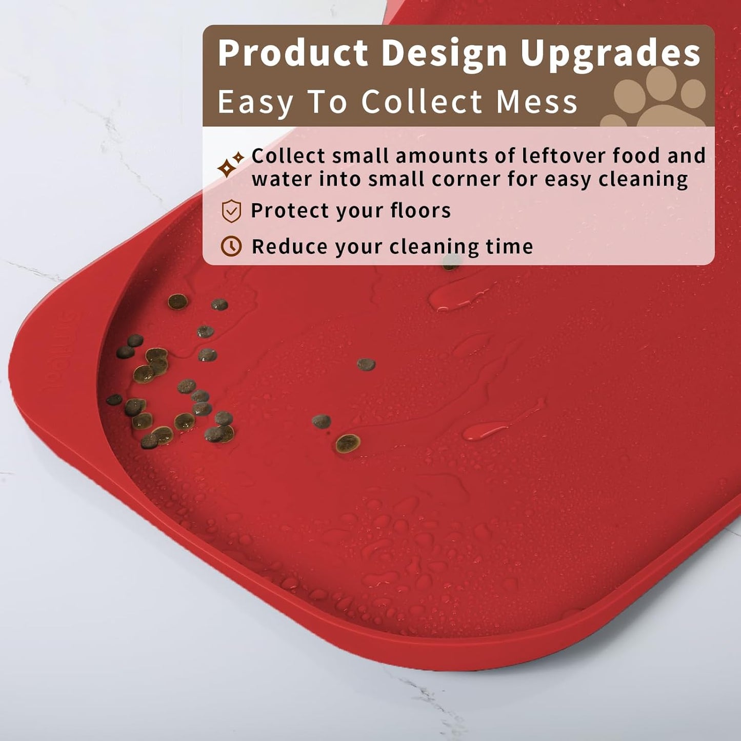 Silicone Pet Feeding Mat with Raised Edge & Residue Collection Pocket for Food and Water, Dog Bowl Mats, Cat Bowls Placemat with High Lip for Floor Waterproof, 19 x 12 x 0.7 Red