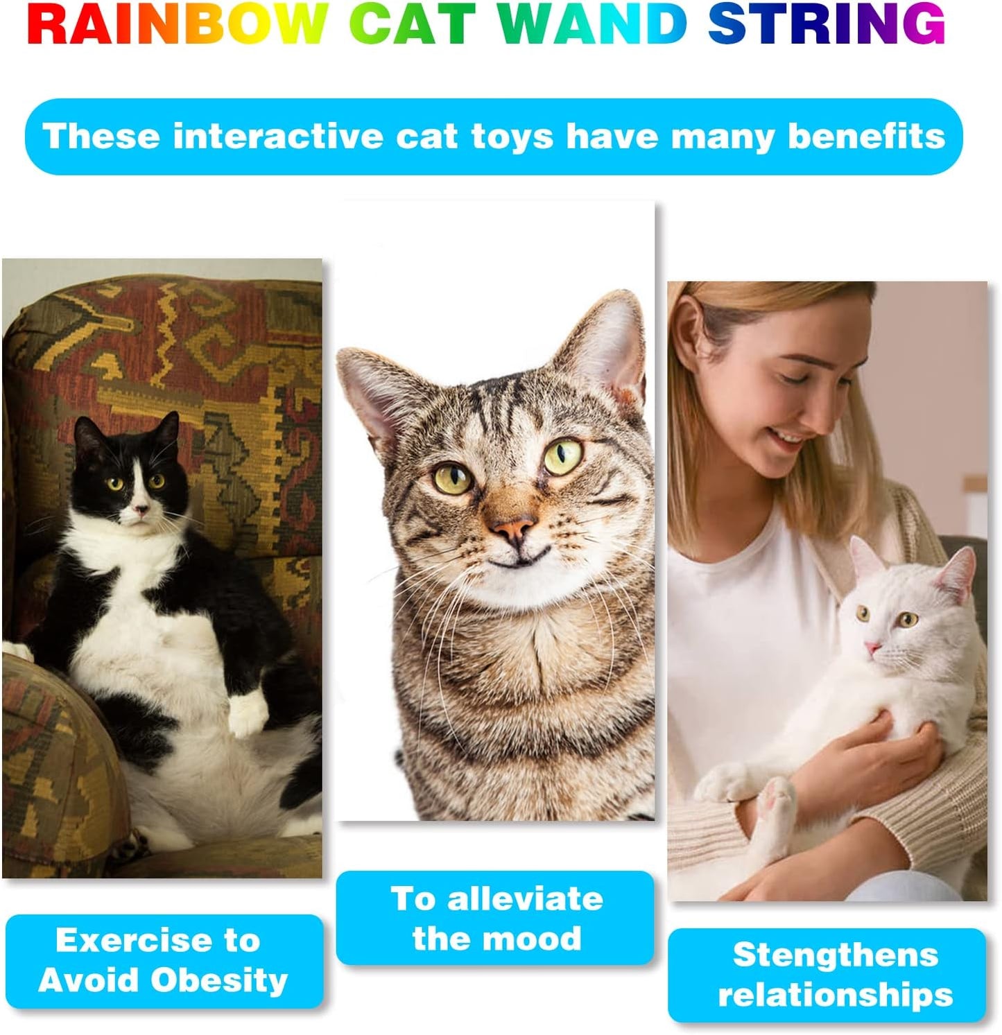 Cat Wand Toys Interactive Kitten Toys for Indoor Cats Colorful Teaser Wand String for Exercise Kitten Stick Kitty Rope Toy Rainbow Ribbon Cat Charmer -2Pcs