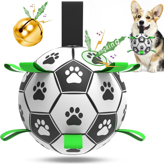 QDAN Dog Soccer Balls Toy with Bell Inside, Outdoor Interactive Toys for Tug of War, Puppy Birthday Gifts, Water Toy, Durable Ropes Squeaky Ball for Small Medium Dogs （6 INCH）