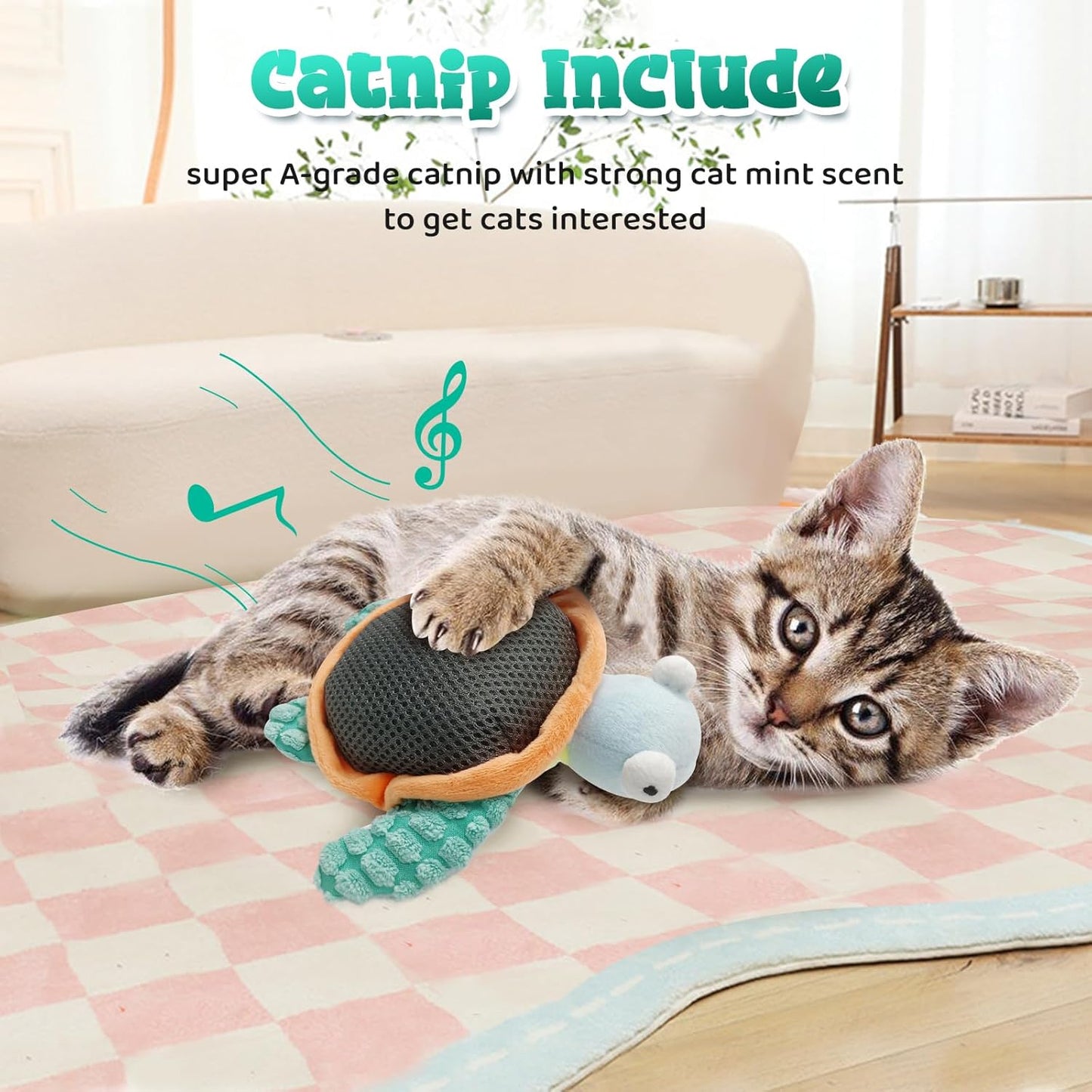 Cat Toys, Flapping Fins Cute Turtle, No Flying, Chirping Bird Interactive Catnip Toy for Kitten or Small Dogs, Touch Activated, Rechargable