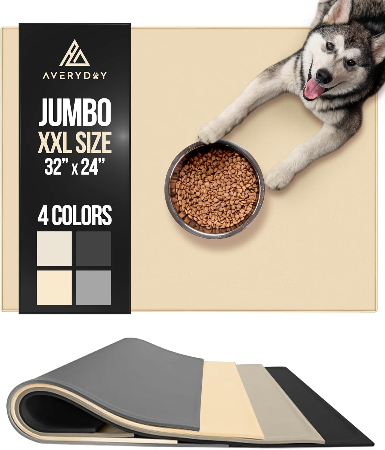 AVERYDAY 32x24'' Silicone Dog Mat for Food and Water, 0.63'' Edge Dog Food Bowl Mats for Floor Waterproof, Dogs Water Mat for Sloppy Drinker, Non Slip Rubber Pet Feeding Mats for Indoor Dogs and Cats