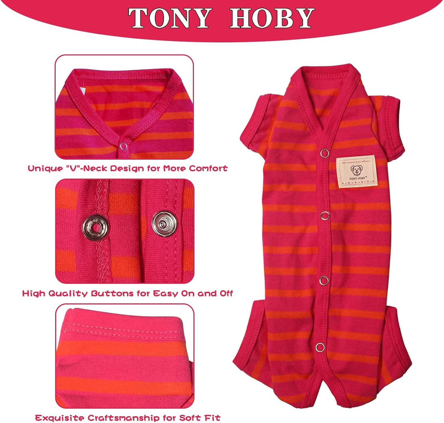 TONY HOBY Dog Pajamas, Female/Male Dog 4 Legged Pajamas, Soft Cotton Dogs Jumpsuit with Stripes (Rose Red&Orange, Girl, S)