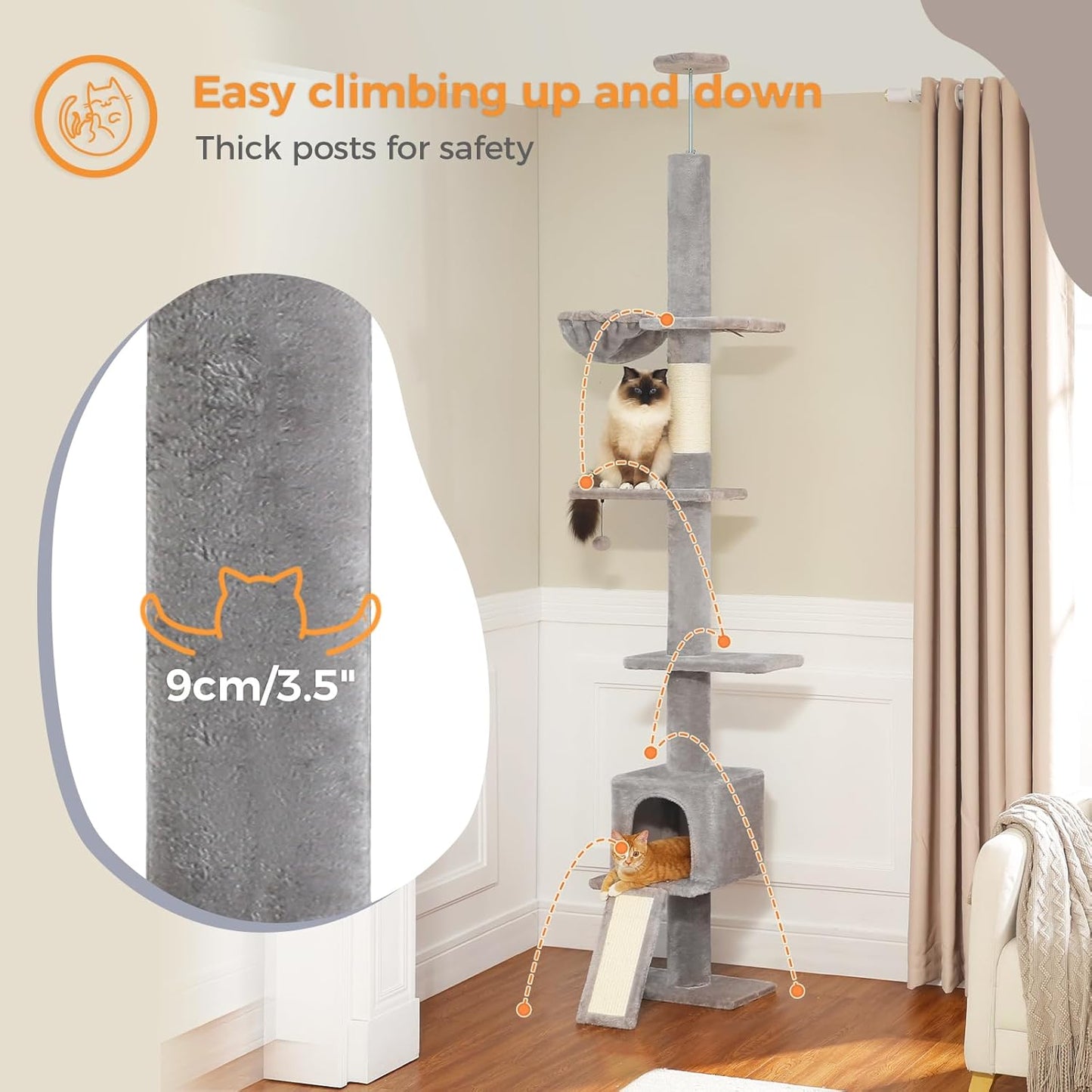 PEQULTI Floor to Ceiling Cat Tree, Tall Cat Tower, Adjustable Height (83''-108'') 5 Levels Climbing Tree for Indoor Cats with Cat Condo, Cozy Hammock and Scratching Post, Grey