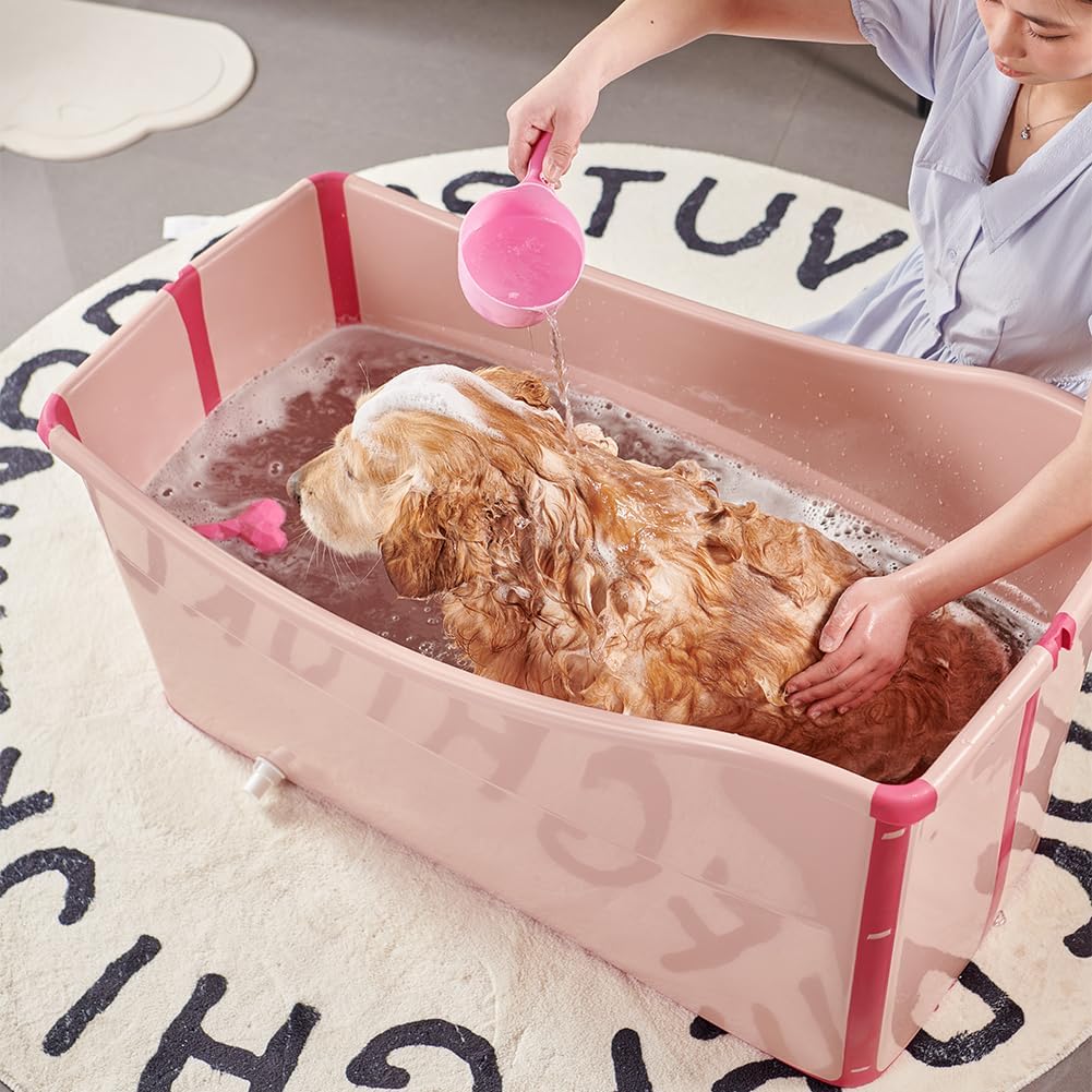 Portable Dog Bathtub for Large Dogs - 48.4Gal Foldable Pet Wash Station with Drain Plug, Insulated & Non-Slip Design for Indoor/Outdoor Bathing, Grooming, Camping（Pink）