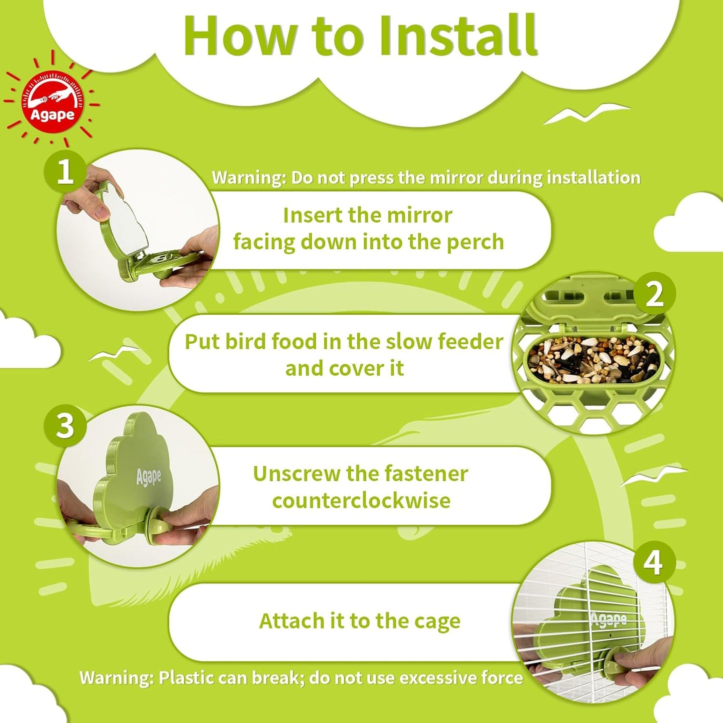 Agape Bird Mirror with Perch&Slow Feeder, Birds Toys for Boredom&Anxiety, Bird Cage Accessories for Parrots to Expend Energy, Interactive Toys for Parakeet, Cockatiel, Lovebird, Conure, Finch, Budgies