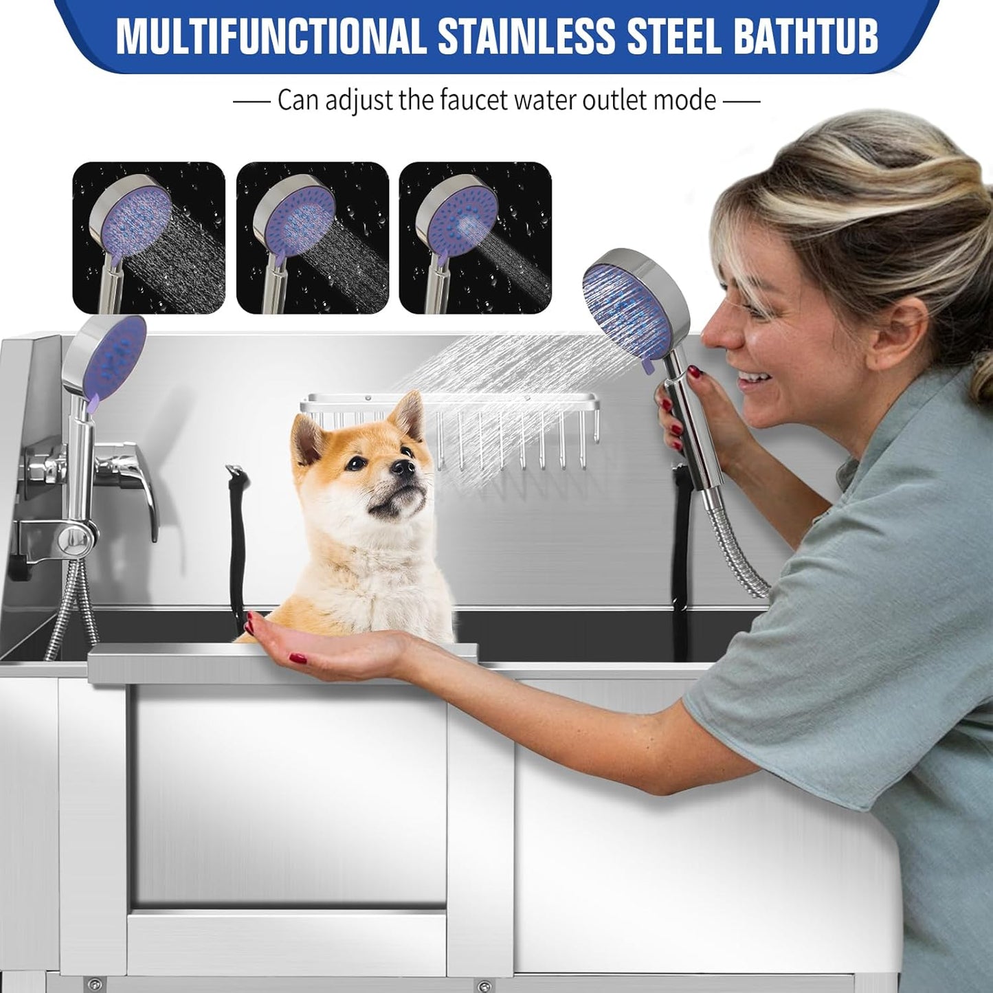 Professional Dog Washing Station, Stainless Steel Dog Bathing Station, Dog Wash Station, Storage Drawer, Upgrade Parts, Home, Commercial,34" L-RAMP