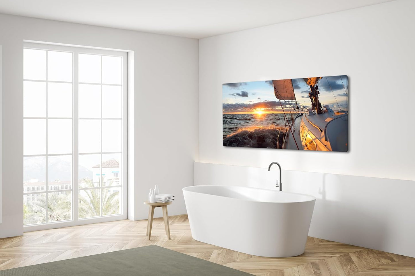 Yacht Sailing in Sea at Sunset Scenery Canvas Wall Art for Living Room Bathroom,Close-up View of Deck Mast Sails Picture Print Artwork Painting Decor,Epic Seascape Scenic Landscape,Inner Frame 30x60