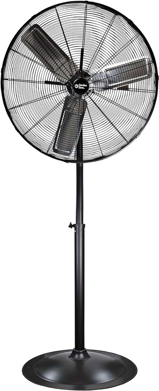 Comfort Zone Industrial Pedestal Fan, 30 inch, 3 Speed, High Velocity, Adjustable Height 56” to 76”, Metal, Meets OSHA Standards, Airflow 36 ft/sec, Ideal for Garage, Workshop or Warehouse, CZHVP30