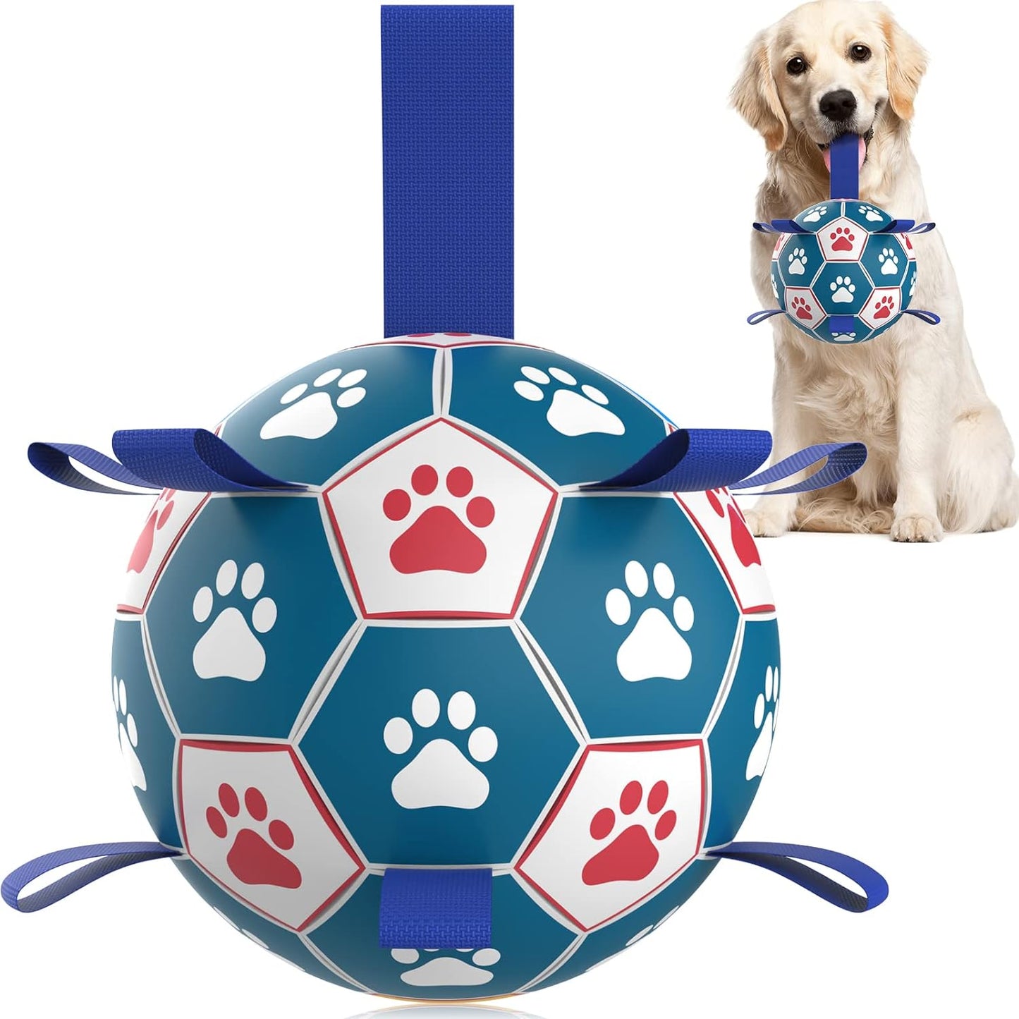 QDAN Dog Toys Soccer Ball with Straps, Herding Balls for Dogs, Interactive Toy for Tug of War, Durable Dog Balls for Medium Large Dogs (8 Inch)