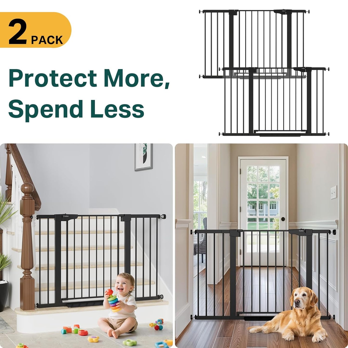 Cumbor 2 Pack 29.7"-48" Baby Gate for Stairs, Mom's Choice Awards Winner-Dog Gate for Doorways, Pressure Mounted Auto-Close Pet Gates for Dogs Indoor, Safety Child Gate with Easy Walk Thru Door,Black
