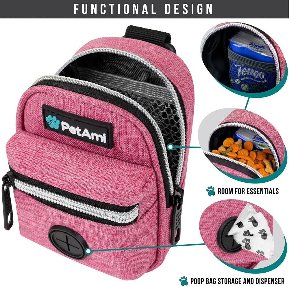 PetAmi Dog Poop Bag Holder For Leash, Dog Pet Waste Bag Dispenser For Poop With Clip For Doggie Puppy Walking Accessories Travel Camping, Dog Treat Pouch Supplies Must Have With Doggy Bag Roll, Pink