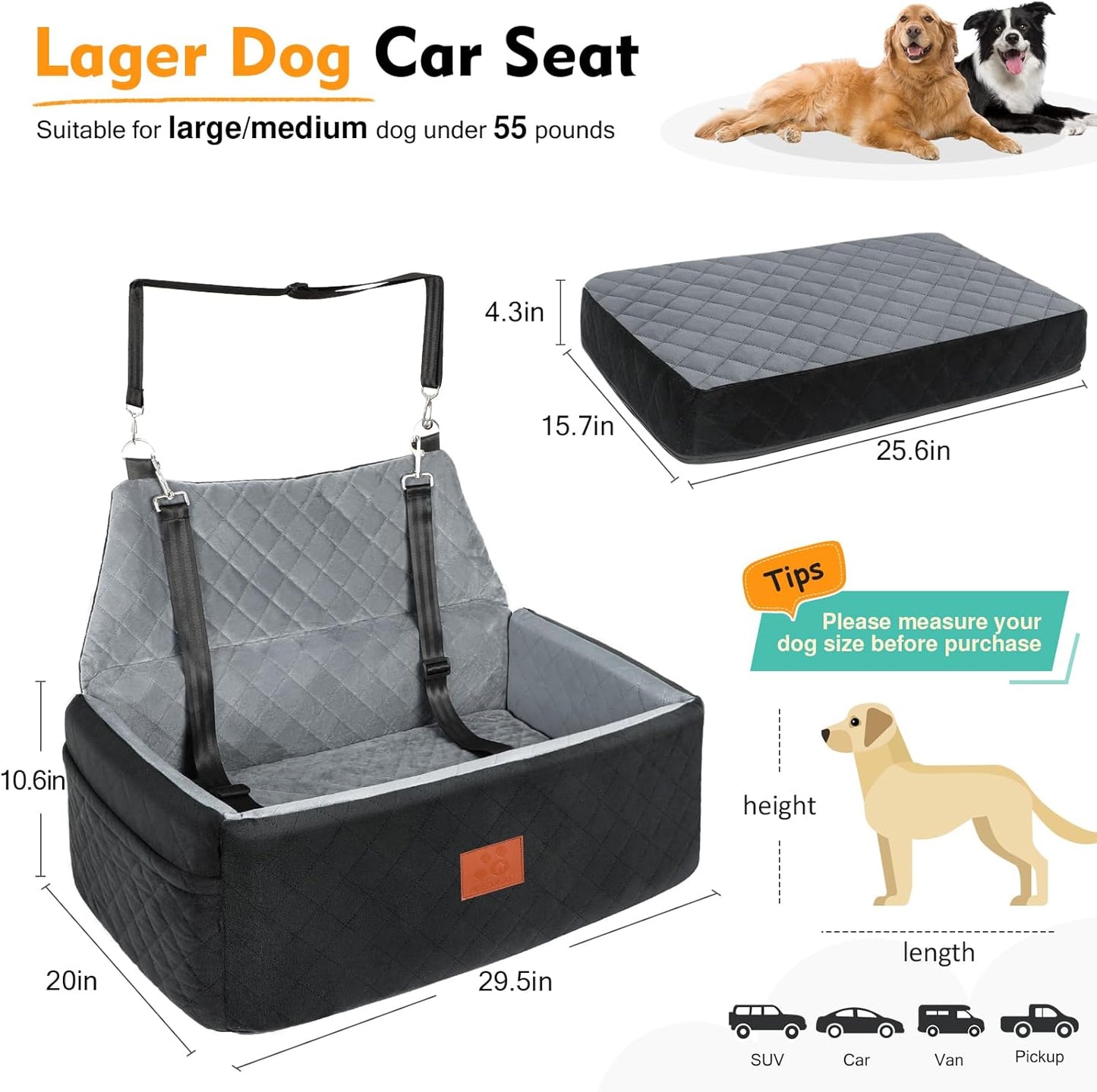 Dog Car Seat for Large Medium Dogs,Washable Pet Carseat Under 55 lbs or 2 Small Dogs,Dog Booster Seat Travel Bed with Thick Cushion,2 Safety Leashes