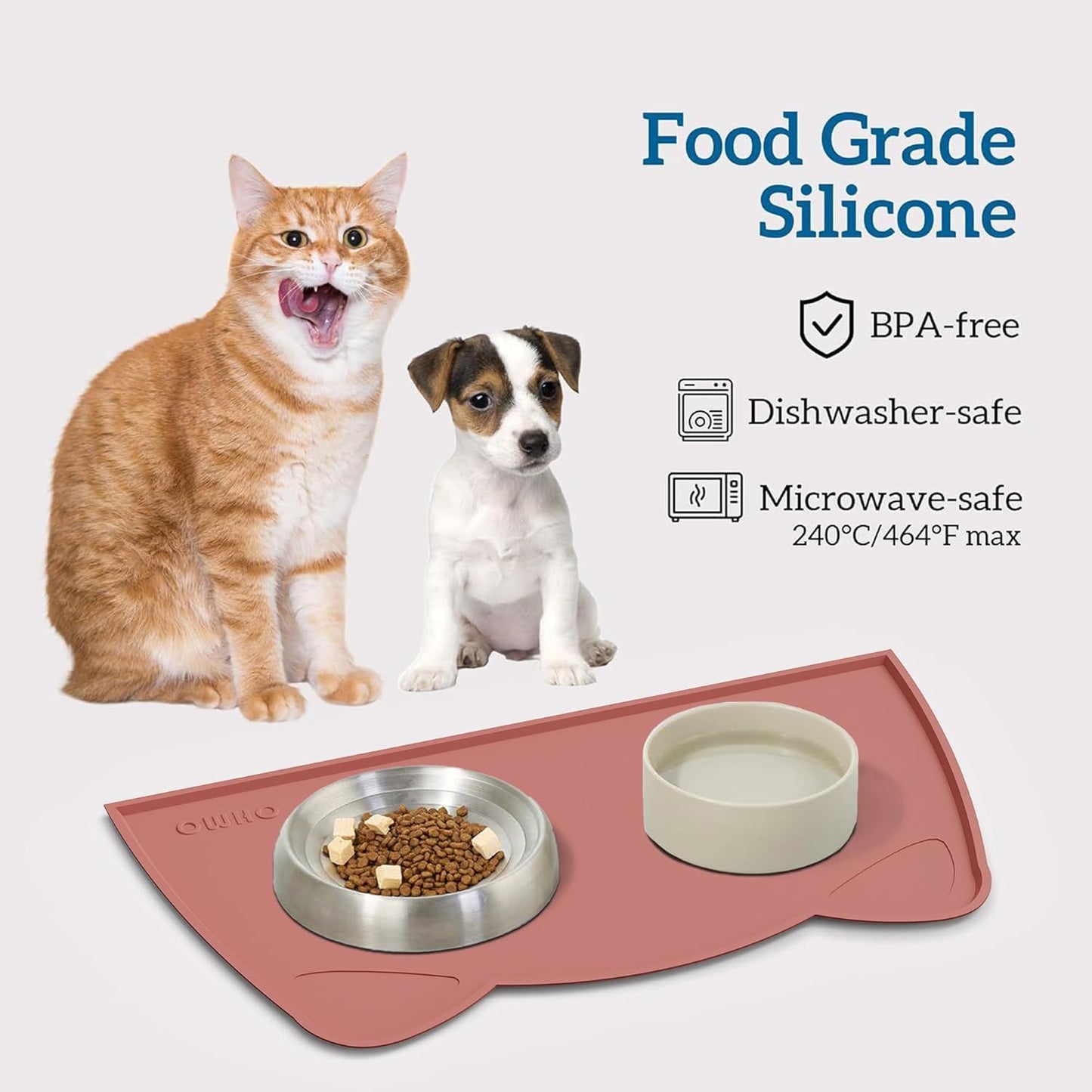 OHMO - Cat Food Mat, Silicone Pet Feeding Mat for Floor Non-Skid Waterproof Dog Water Bowl Tray, Easy to Clean Pet Placemat