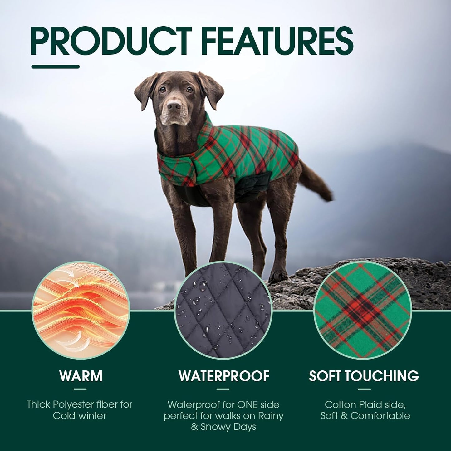 Kuoser Warm Dog Coat, Waterproof Dog Jacket for Extra Large Dogs, Adjustable Durable XXXL Doggie Winter Coat Reversible Puppy Cold Weather Apparel for Large Breed, Christmas Green 3XL