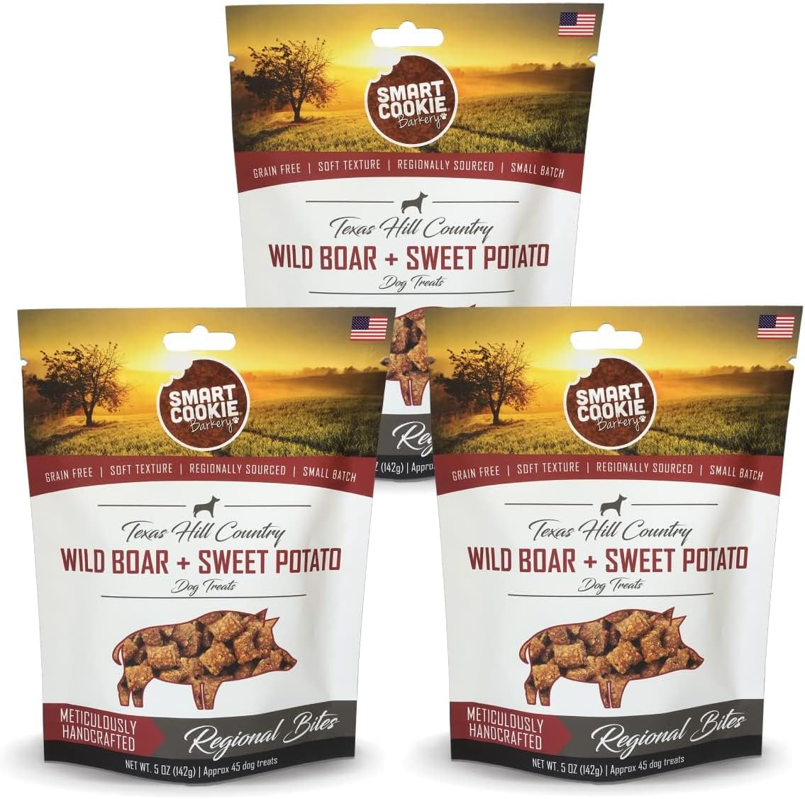 Smart Cookie All Natural Dog Treats - Wild Boar & Sweet Potato - Training Treats for Dogs with Allergies, Sensitive Stomachs - Soft Dog Treats, Chewy, Grain Free, Made in USA - 5oz Bag, Pack of 3