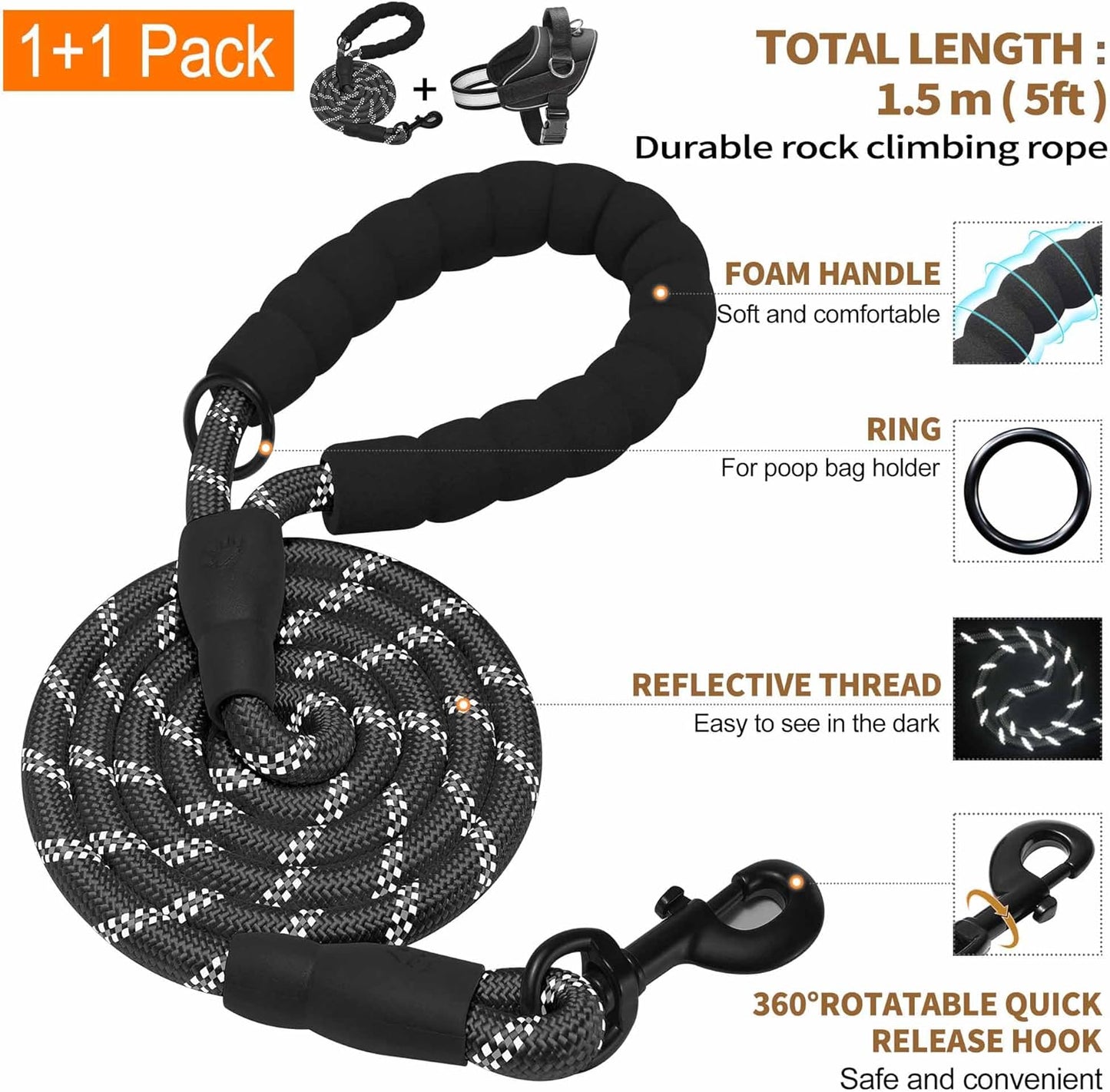 Haapaw Essential Dog Harness, No Pull Pet Vest with 3 Leash Clips, No Choke, Reflective, Adjustable and Padded, for Easy Walking and Training for Medium Dogs(M, Black)