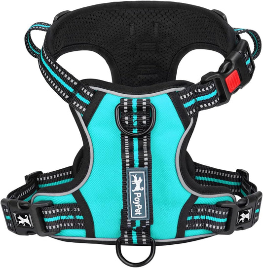 PoyPet No Pull Dog Harness, No Choke Front Clip Reflective Dog Vest with Soft Padded Vertical Handle, 3 Leash Attachments for Small Medium Large Dogs (Mint Blue,M)