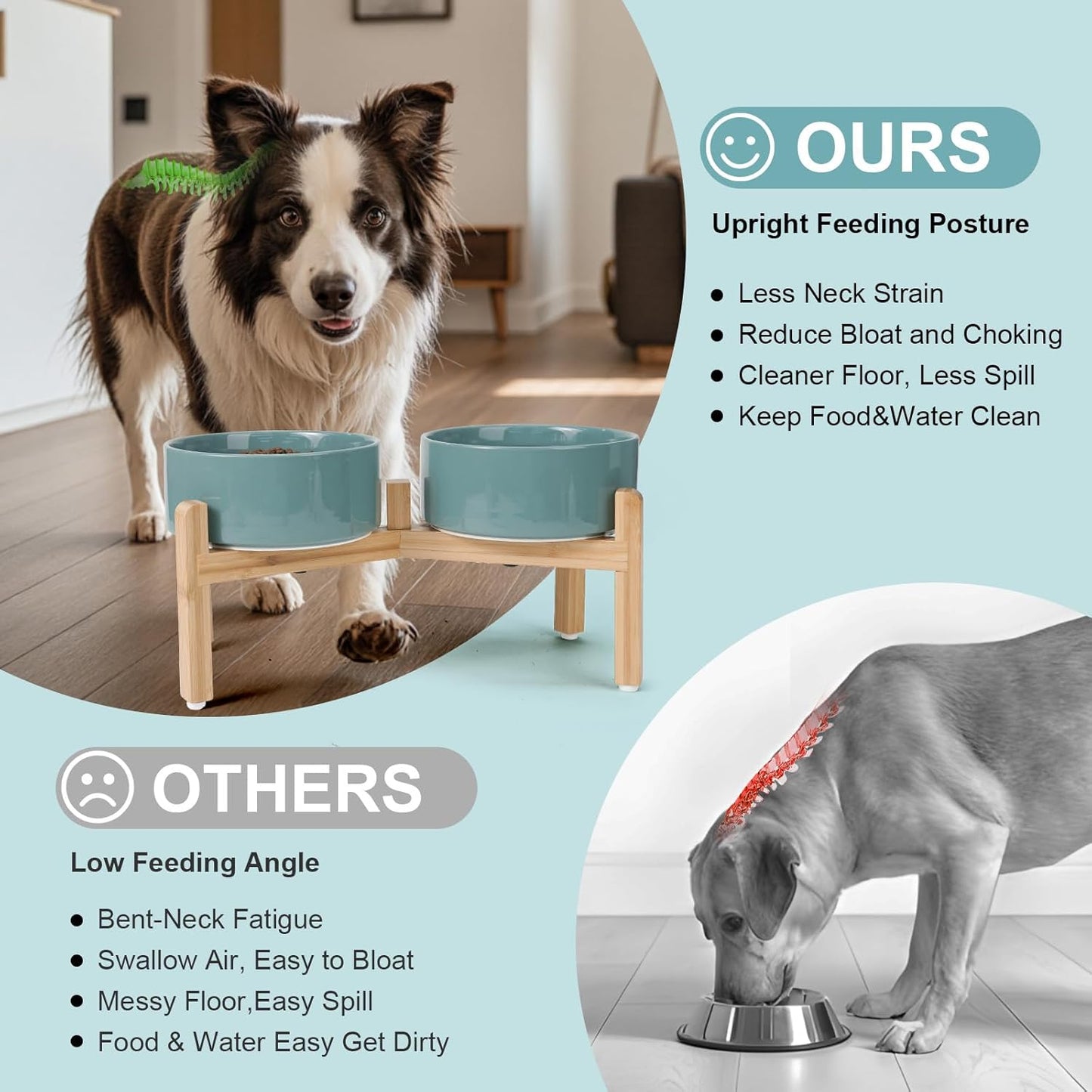 SPUNKYJUNKY Elevated Dog Bowls Ceramic, 7.3'' Dogs Food Water Bowls Raised with Non-Slip Bamboo Stand for Medium to Large Sized Breed Microwave Dishwasher Safe - 42 OZ,Dark Green