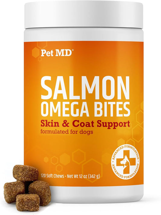 Pet MD Salmon Omega Bites for Dogs - Skin and Coat Supplement with Omega 3 & 6 for Dogs Plus DHA & EPA - Promotes Allergy & Dry Skin Relief - 120 ct
