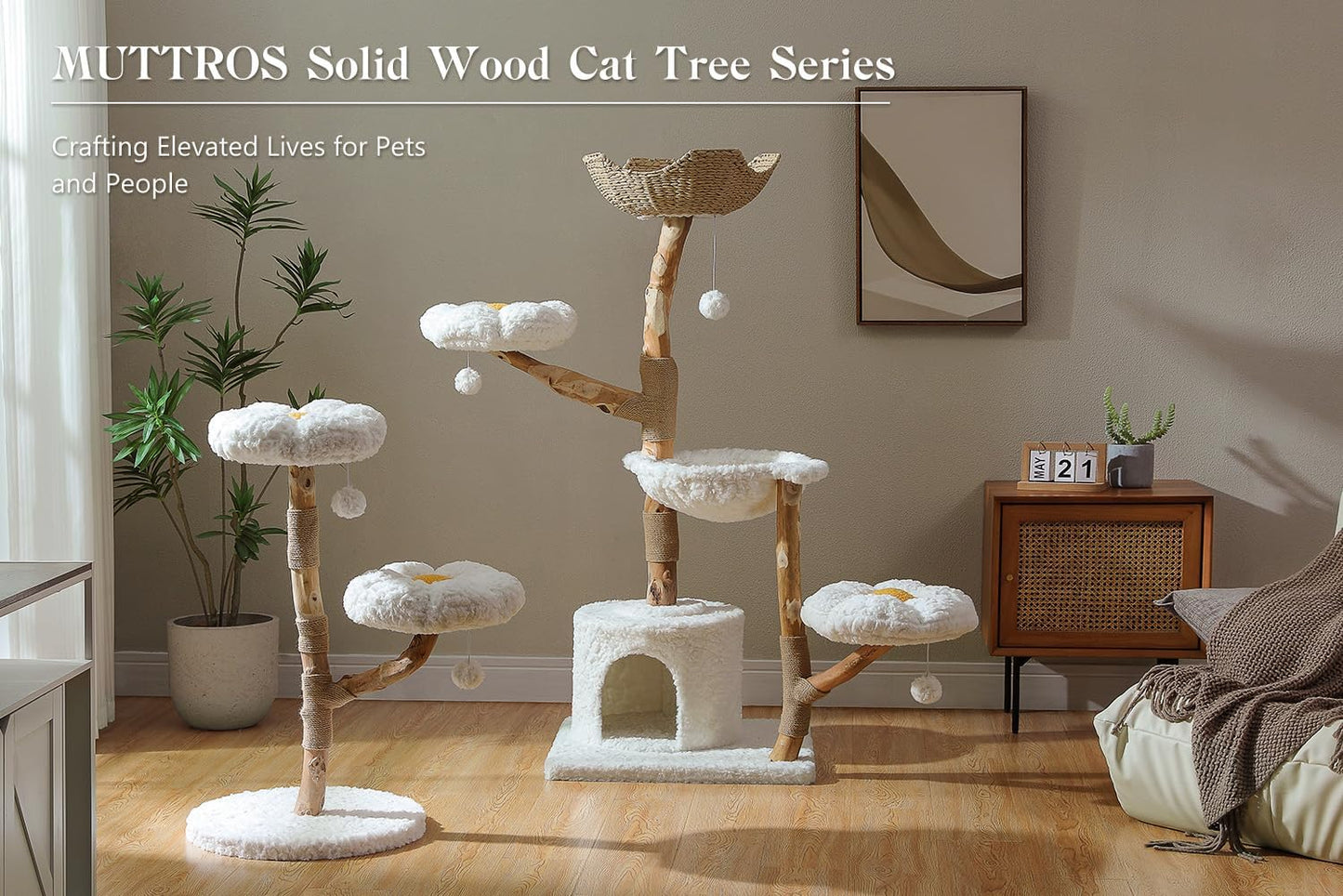 Wood Flower Cat Tree, Modern Cat Tower with Real Wood Branches, Luxury Boho Furniture with Scratching Post and 2 Perches, Cat Climbing Tower for Indoor Cats, Cloud White