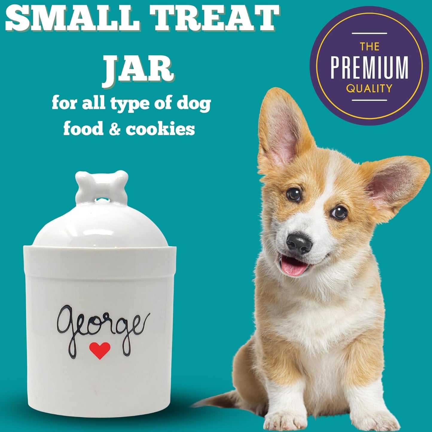Airtight Pet Treat Container | Dog Cookie Jar Personalized with Name | Small Dog Treat Jar | Customized, Ceramic | With Bone Shaped Lid