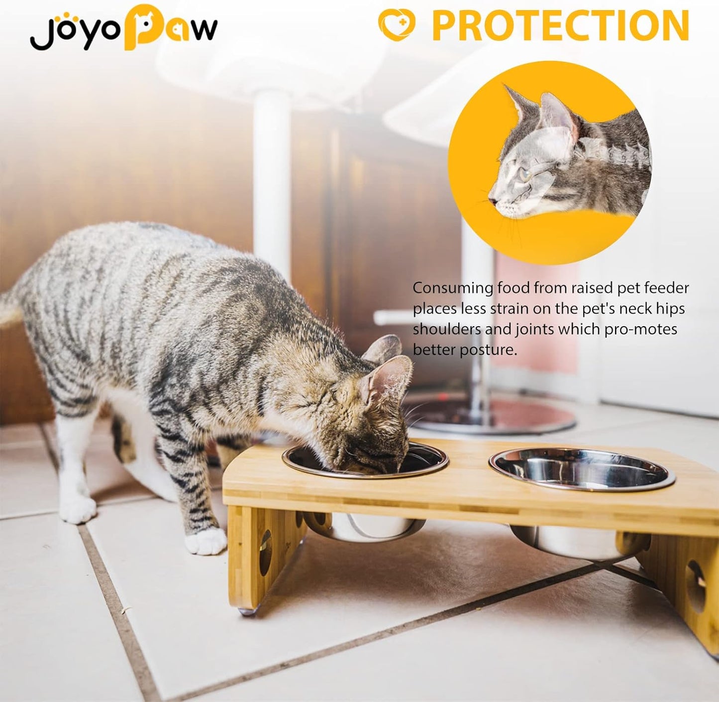 Elevated Dog Bowls, Bamboo Raised Dog Bowl for Small Dogs & Cats, with 2 Stainless Steel Bowls (4'' Tall-20oz Bowl, Natural)