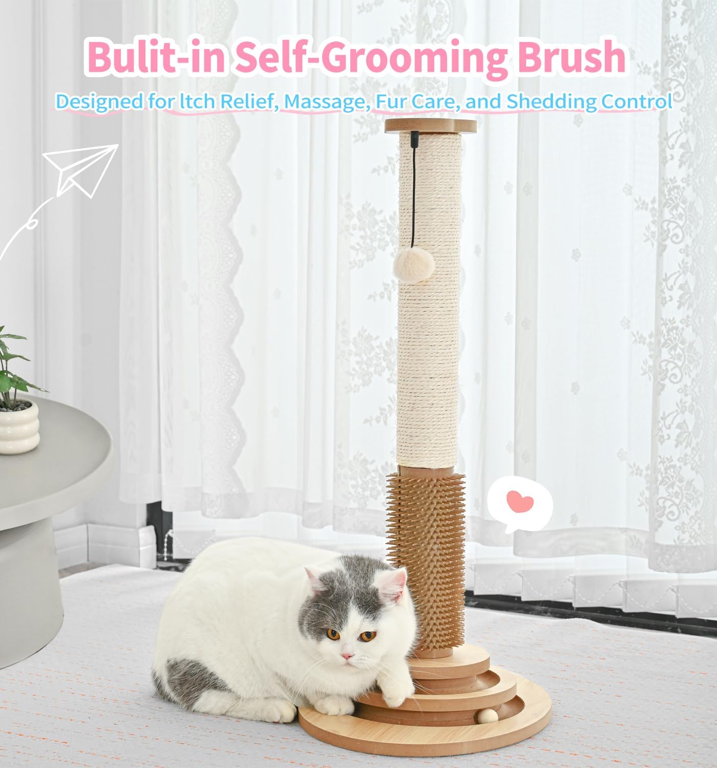 Made4Pets Cat Scratching Post Premium Sisal Cat Scratcher Kitten Toys for Indoor Kittens 28.3" Tall Cat Tower Scratch Post Cat Tree Wooden Interactive Ball Track Cat Toy with Hanging Ball, Beige