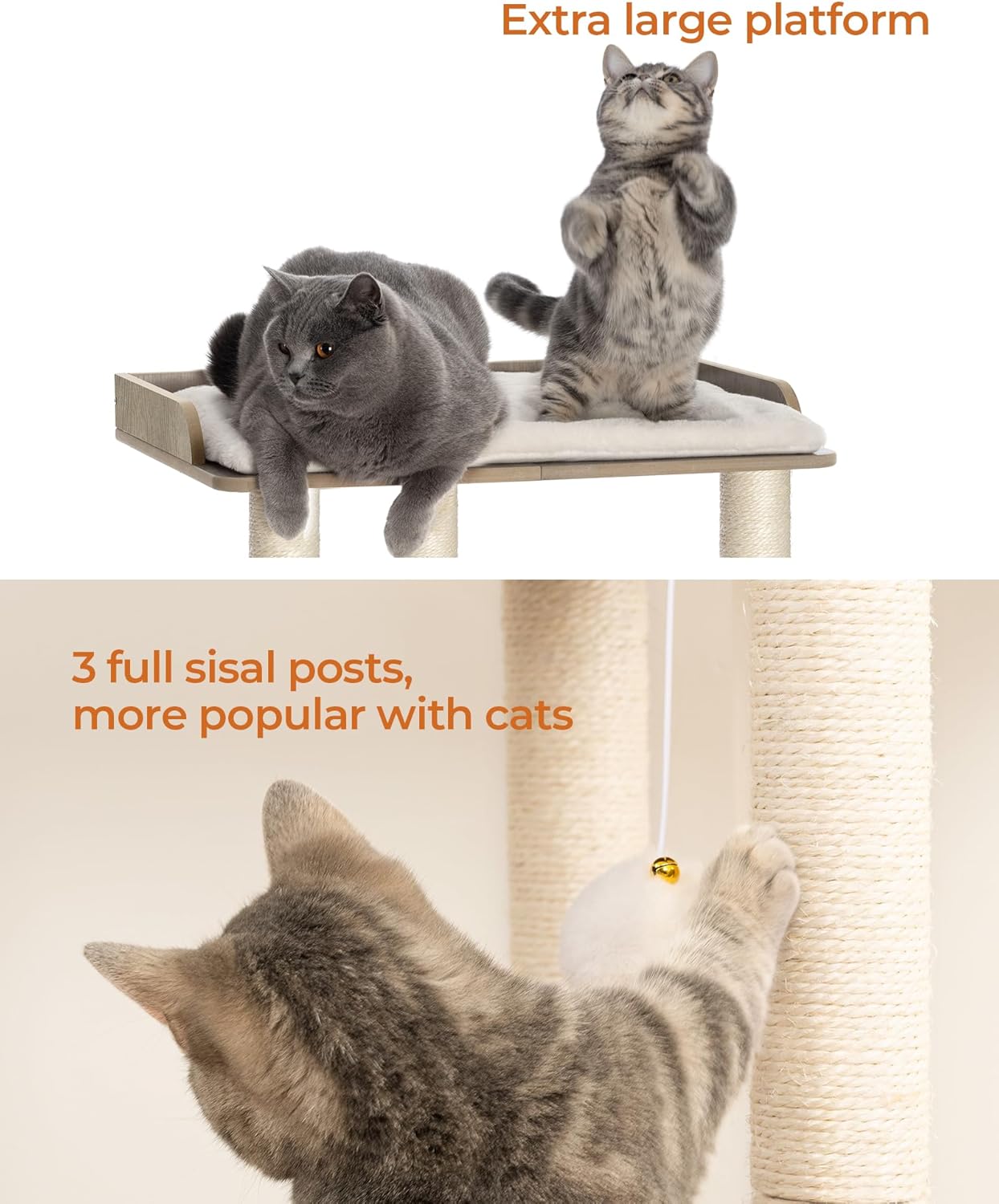 FourFurPets 22in Cat Tree Tower Condo, Cat Scratch Posts for Indoor Cats, Big Plate, Three 23.6in Full Sisal Scratching Posts, Greige