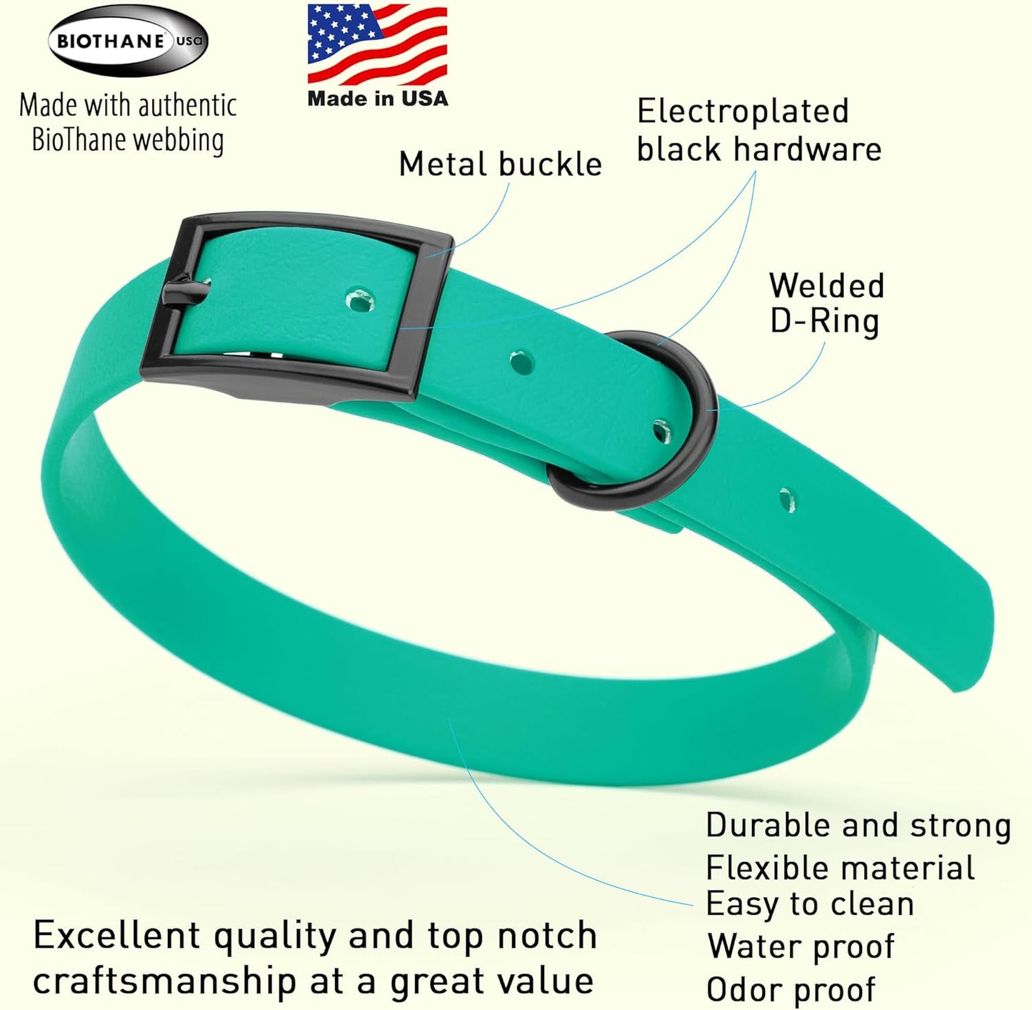 Dogline Biothane Waterproof Dog Collar Strong Coated Nylon Webbing with Black Hardware Odor- Proof for Easy Care Easy to Clean High Performance Fits Small Medium or Large Dogs, Teal