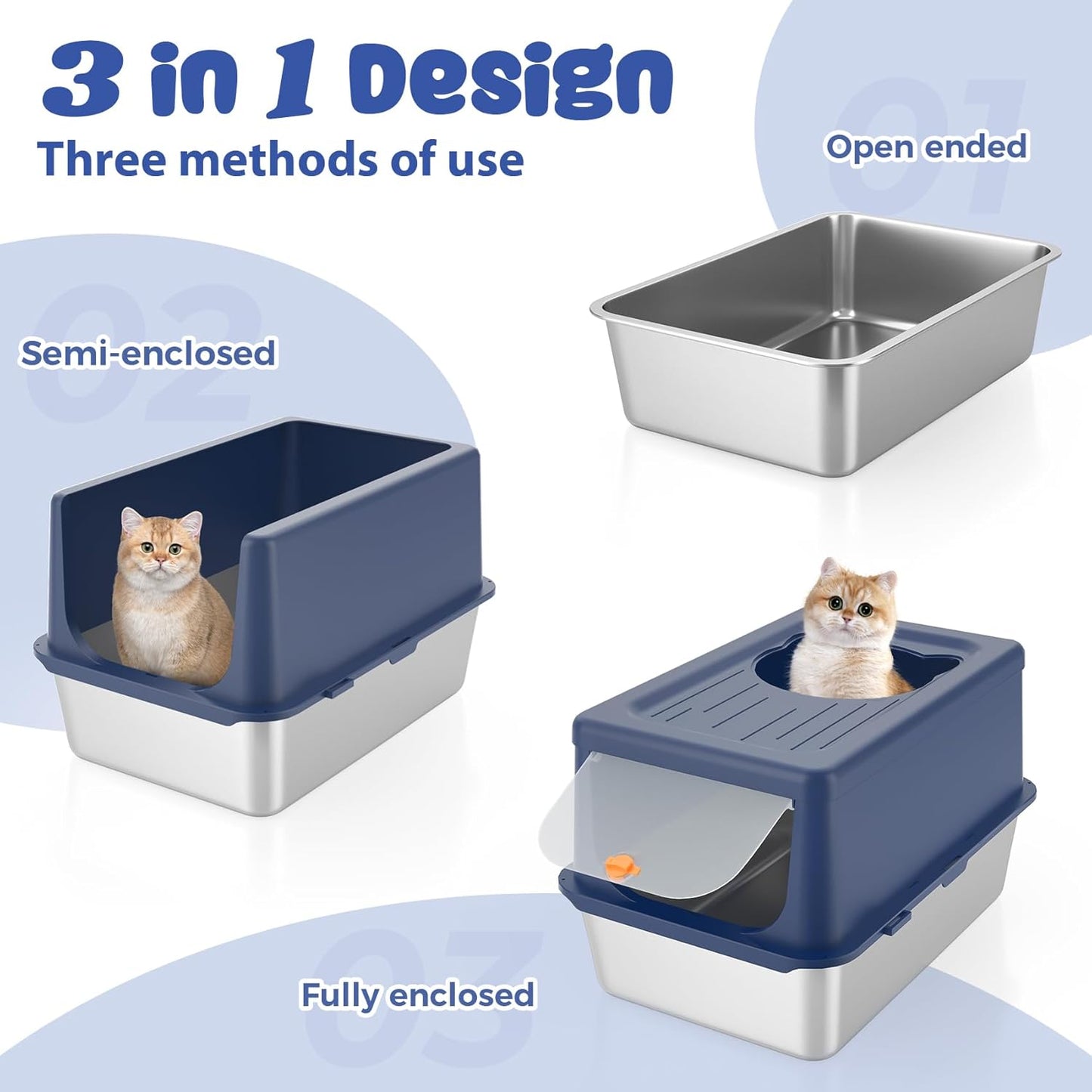 Litter Box with Lid, Stainless Steel Litter Box XL, 14" H Metal Cat Box with High Sides Wall Enclosure, Cat Pan, Non-Sticky, Easy Clean, Anti-Leakage, Blue