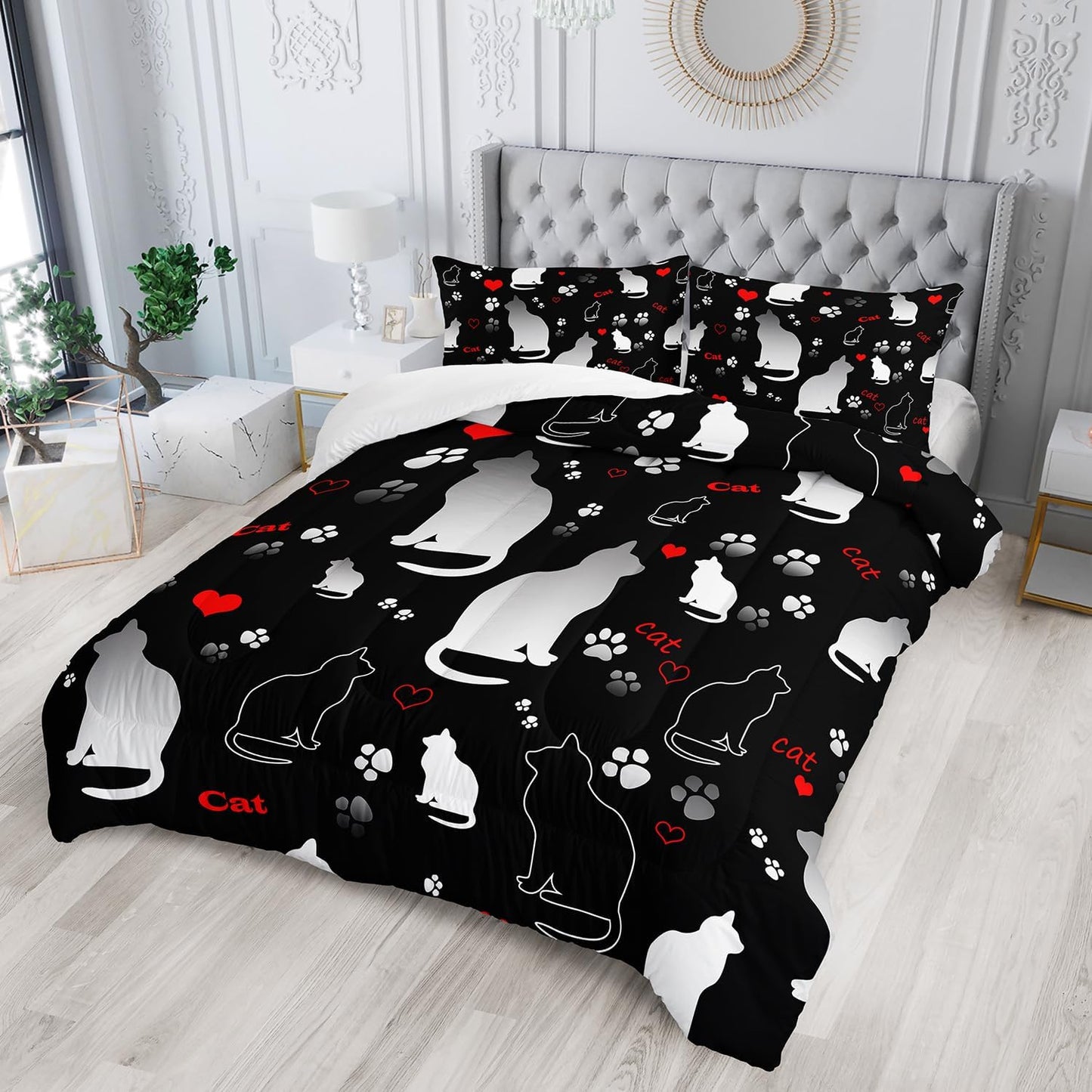 Kawaii Cat Animal Themed Comforter Set 3Pcs Queen Black White Pet Cat Bedding Set for Kid Teen Girl Boy Adult Room Decor Cartoon Cat Paw Heart Pattern Quilt with 1 Comforter and 2 Pillowcases