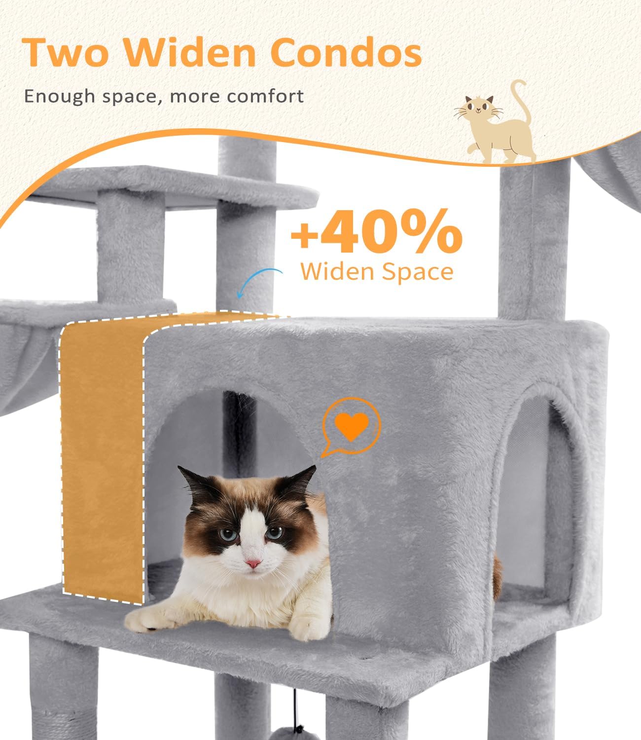 Cat Tree Large Cat Tower Tree 68" Multi-Level Cat Tower for Indoor Cats with Sisal Scratching Posts, Widen Cat Perche, Square Hammock, 2 Widen Condos, Scratching Posts, Light Grey