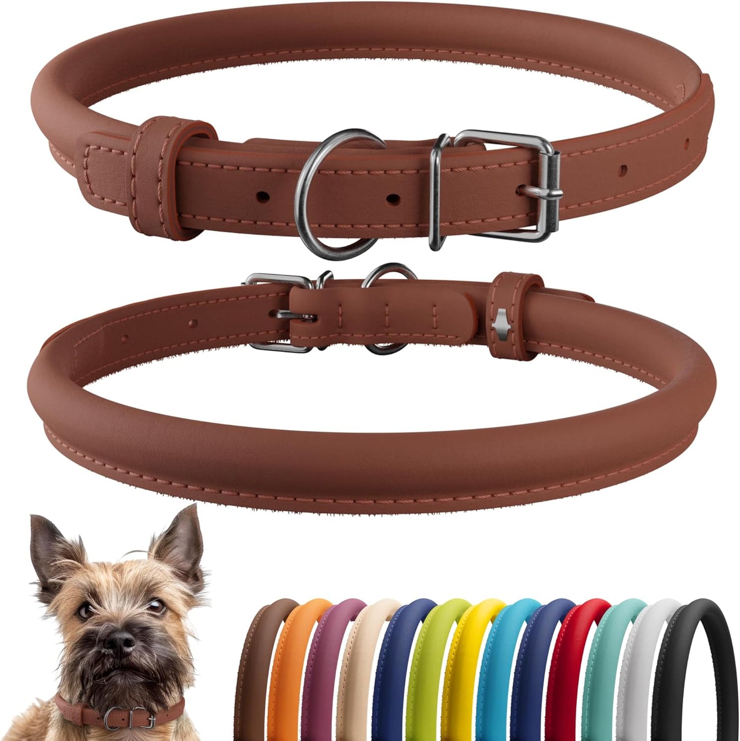 CollarDirect Rolled Leather Dog Collar, Soft Padded Round Puppy Collar, Handmade Genuine Leather Collar Dog Small Large Cat Collars 13 Colors (6-7 Inch, Cinnamon Smooth)