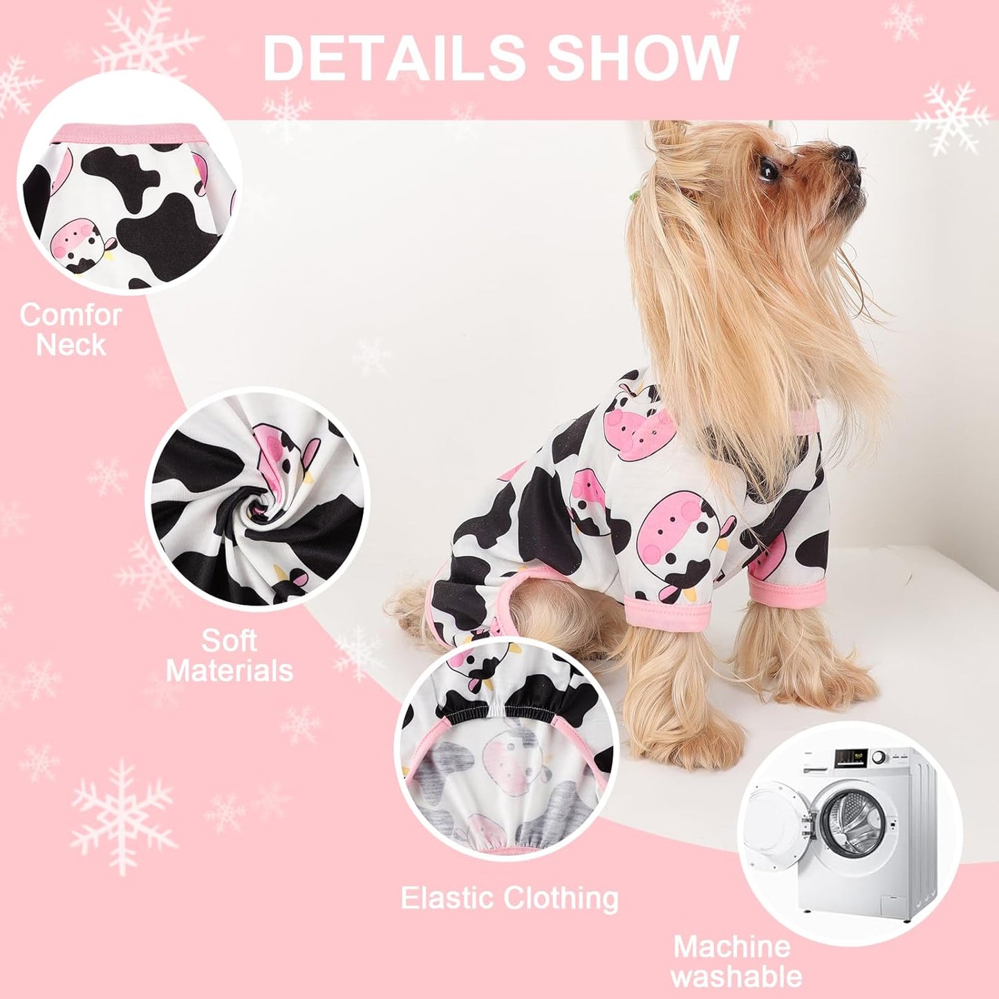 Dog Pajamas Small Sized Dogs Stretchable Summer Dog Clothes Pjs 4 Legs Girl Boy Cute Soft Puppy Outfits Doggie Cat Jammies Jumpsuit Sleeper for Pet, Pink Cow, L
