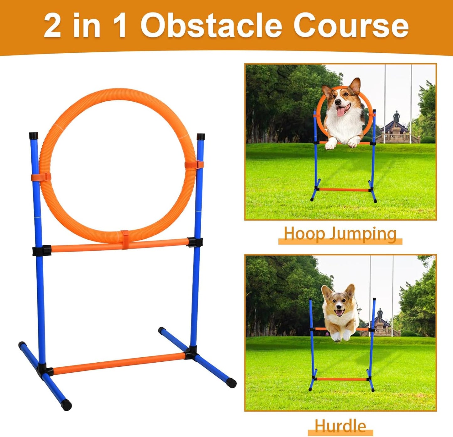 Dog Agility Equipment, 2 in 1 Dog Obstacle Course Training Starter Kit Adjustable Jump Ring/Hurdle Bar with Carry Bag