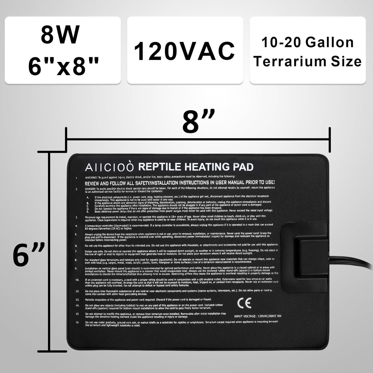 Aiicioo Under Tank Heater Thermostat - Reptile Heating Pad with Temperature Control Reptile Heat Mat for Combo Set for Hermit Crab Lizard Terrarium 8W
