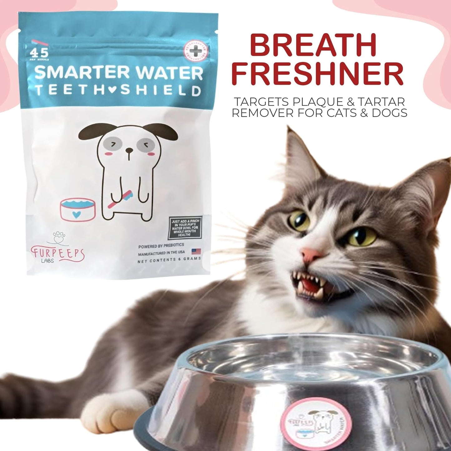 Dog Breath Freshener Powder for Water – Cat & Dog Dental Care Water Additive, Natural Plaque & Tartar Remover, Bad Breath Eliminator, Easy No-Brush Oral Hygiene – 45 Servings, Vet Recommended