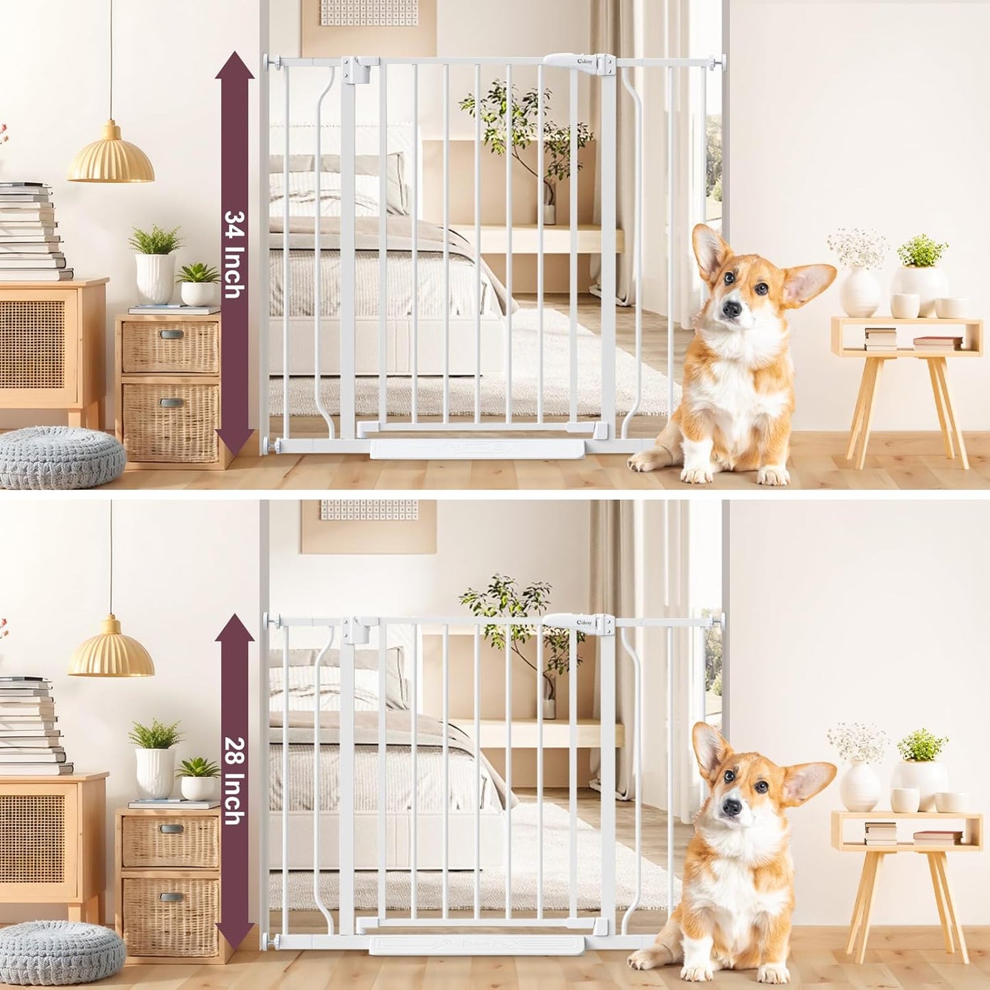 34" Extra Tall Baby Gate for Stairs, Auto Close Stroller Friendly Dog Gate Indoor for Doorways, Pressure Mounted 29"-40" W Baby Gate, Easy Walk Through Gate for Children & Pets, White