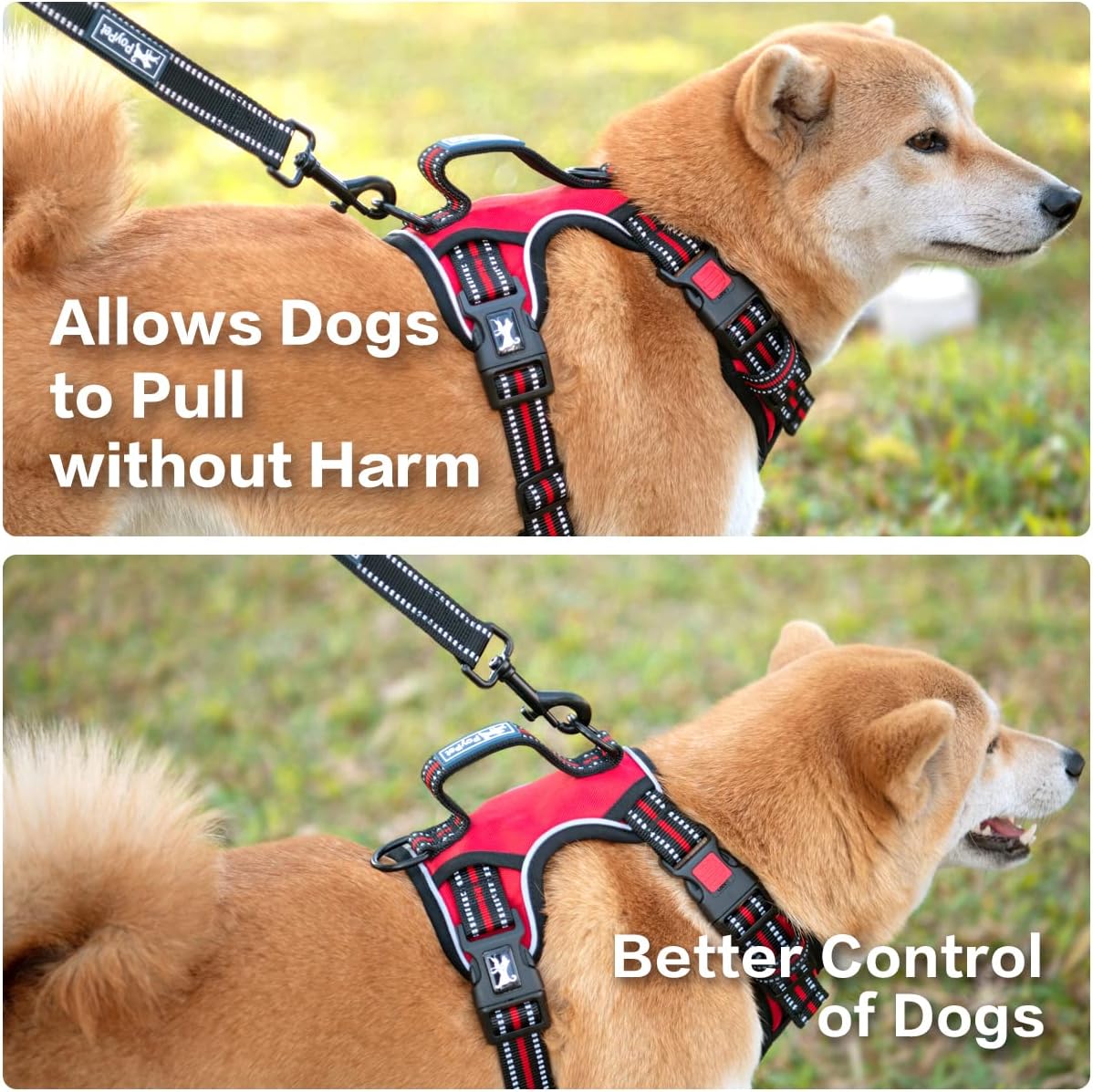PoyPet No Pull Dog Harness, No Choke Front Clip Reflective Dog Vest with Soft Padded Vertical Handle, 3 Leash Attachments for Small Medium Large Dogs (Red,S)