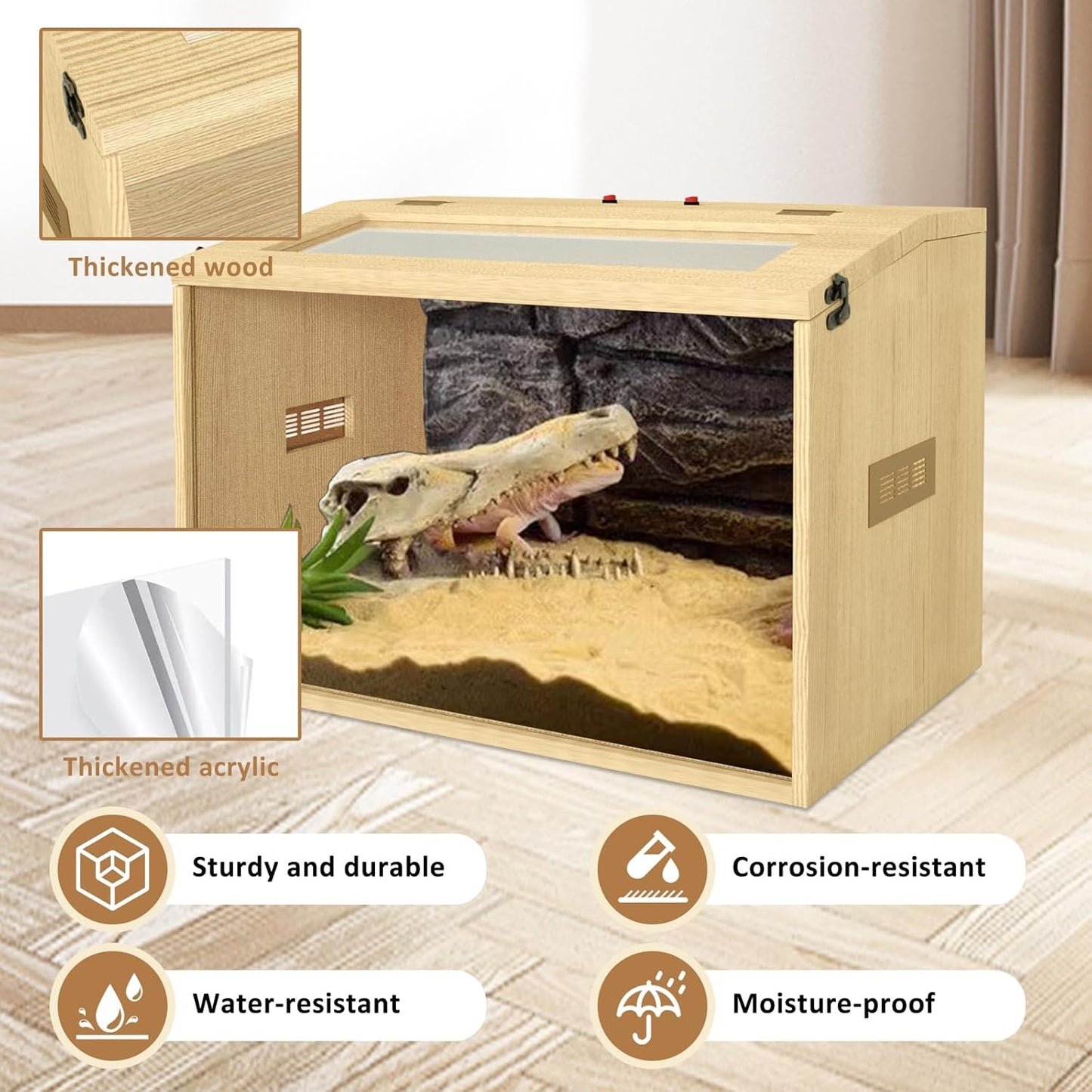 26 Gallon Bearded Dragon & Lizard Tank, Lockable Reptile Terrarium - Large Snake & Leopard Gecko Enclosure with Openable Roof Door (Wooden, 24" L x 16" W x 16" H)