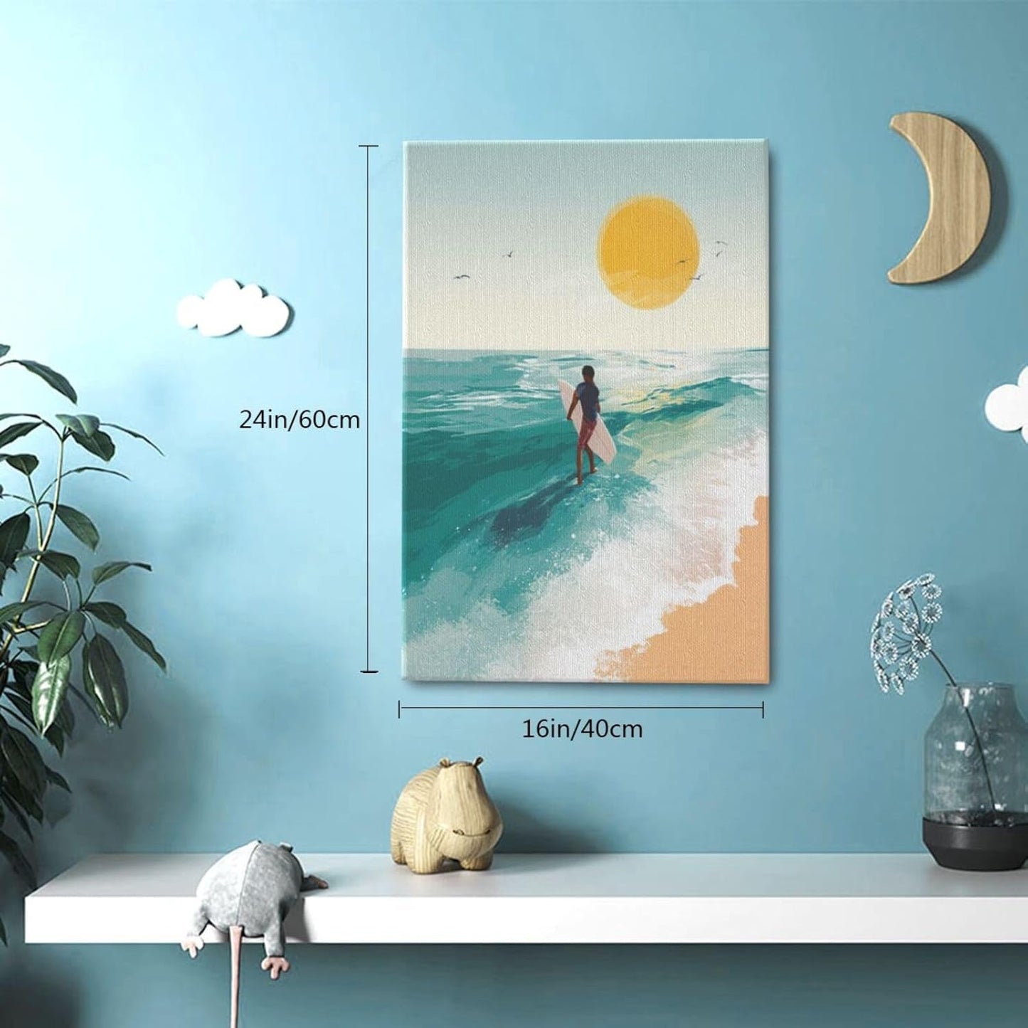 Beach Surfing Wall Art Ocean Coastal Wave Canvas Wall Decor Summer Nature Seascape Pictures Painting Print Framed Artwork Decorations for Bathroom Living Room Office Bedroom 16"x24"