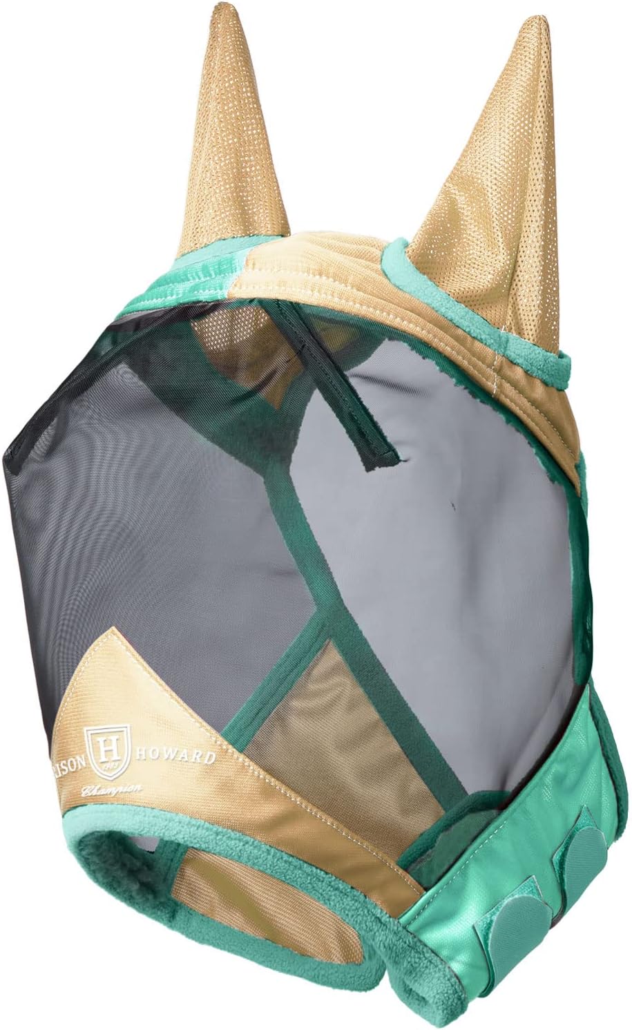 Harrison Howard Pro Luminous Horse Fly Mask Standard with Ears UV Protection for Horse Champagne Gold/Mint Medium Cob