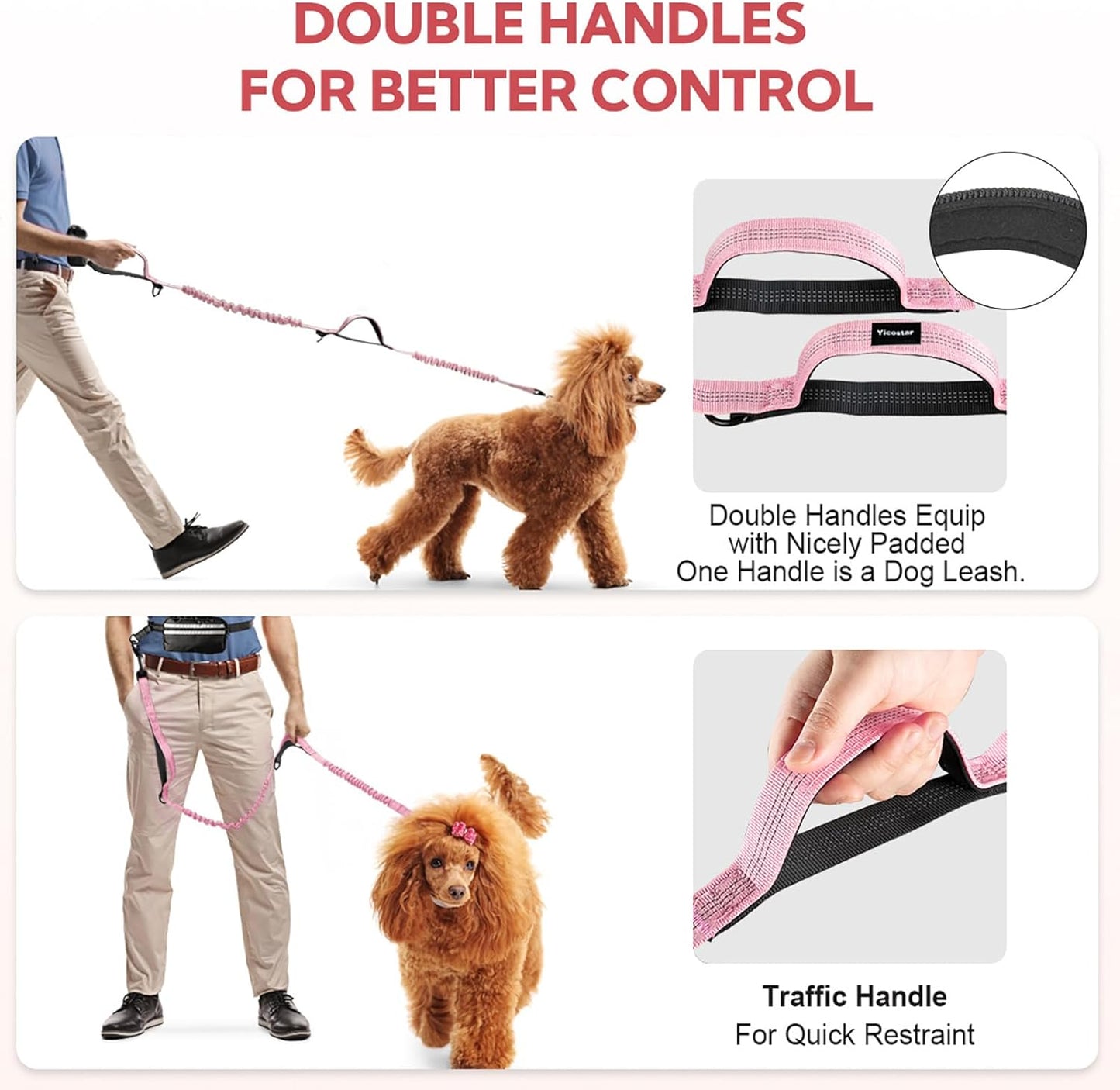 Hands Free Dog Leash, Adjustable Waist Belt with Double Padded Handles, Retractable Bungee for Medium & Large Dogs, Waist Leash for Dog Walking, Running, No Pull, Pink