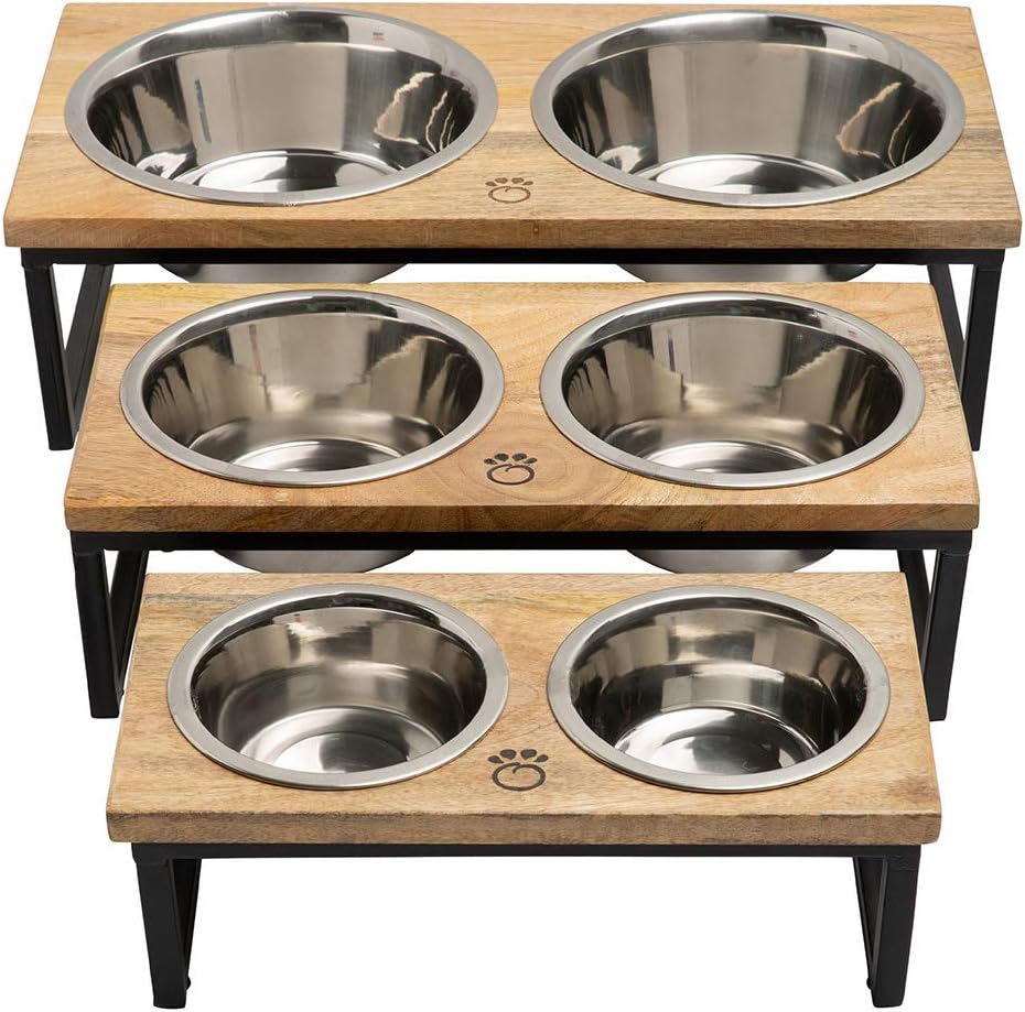 Mango Wood Dog Bowl Stand - Elevated Pet Feeder with 2 Stainless Steel Bowls - Raised Food and Water Dish Set for Dogs and Cats, Available in 4 Sizes, Pet Dining Station, Small/10oz