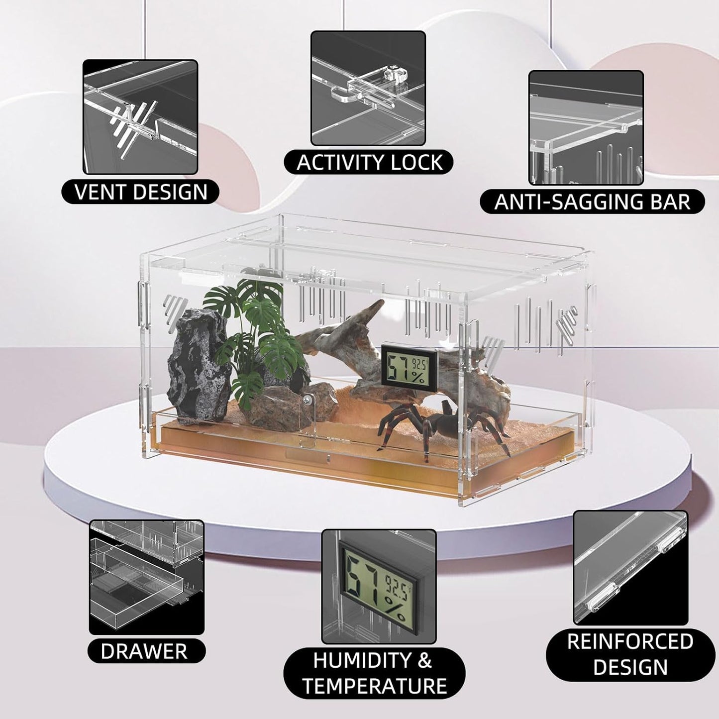 Reptile Terrariums with Temperature Hygrometer, 11.8"x7.9"x5.9" Acrylic Breeding Box Terrarium Cage Tank for Small Reptile Insect Home Office (Terrestrial)
