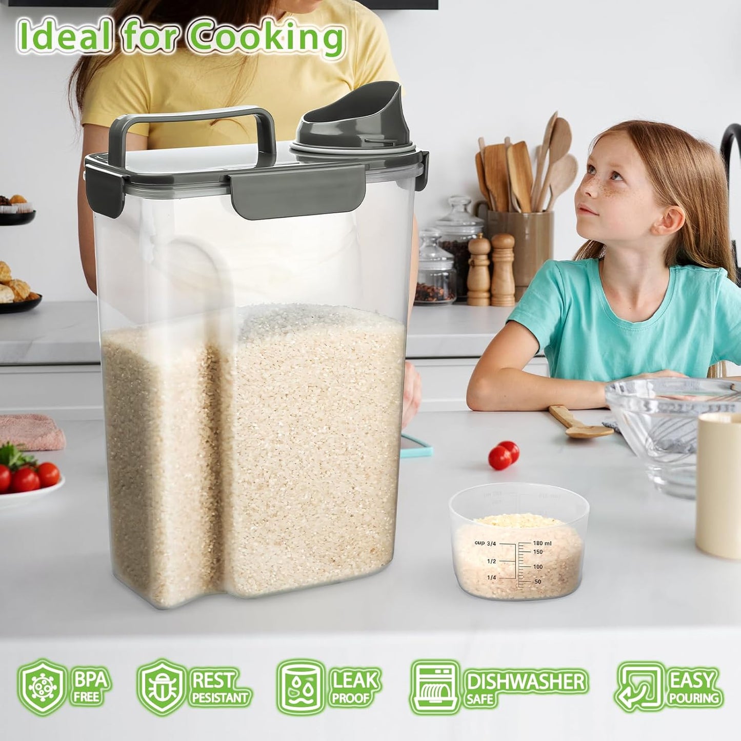 Rice Storage Container, 5 to 10lb Dry Food Airtight Dispenser, Pet Dog Cat Food Canister, BPA Free Clear Plastic Kitchen and Pantry Bin for Oatmeal, Cereal, Pasta, Flour Pack of 2 Grey