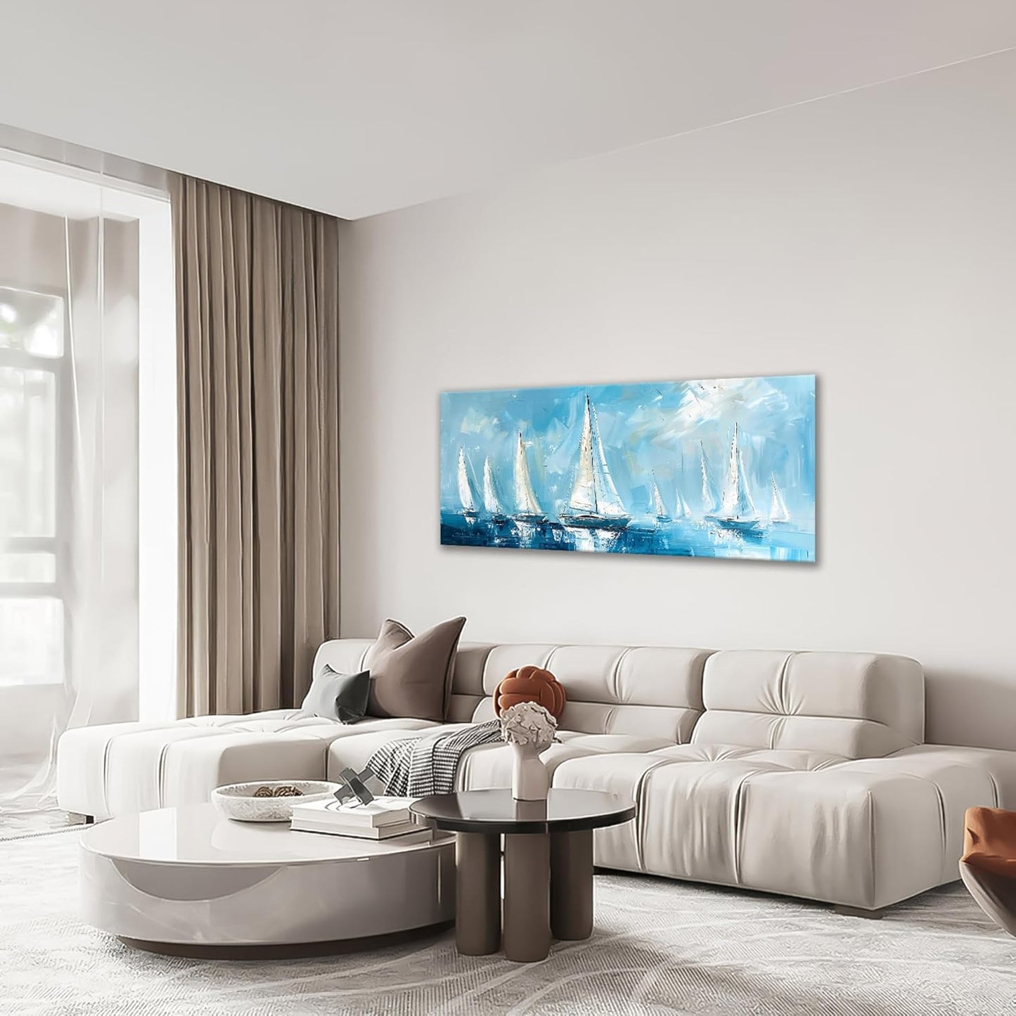 Large Blue and White Sailboat Wall Art Nautical Sails Canvas Living Room Ocean Pictures Framed Prints Oversize Wall Decor Painting Artwork for Bedroom Dining Office Home 60"x30"