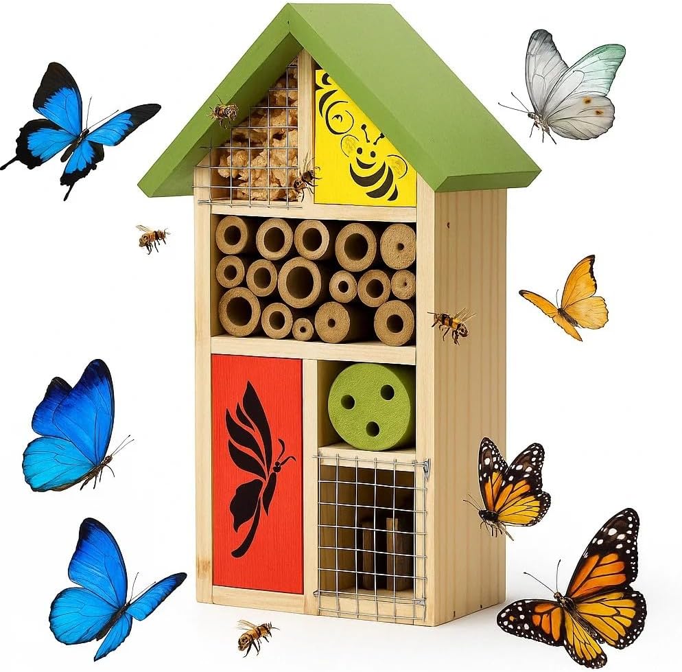 Premium Bug Hotel Kit Cedar Wood Insect Hotel Insect House - Backyard Bee House, Nesting Habitat Shelters, Garden Shelter for Bees, Butterflies, Bugs,Heavy Duty Thickness Colorful